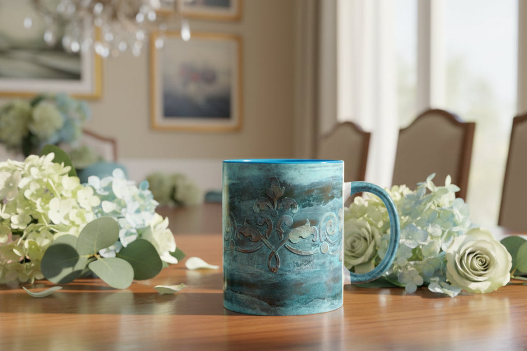 Decorative embossed  mug with colored interior and  'C' handle