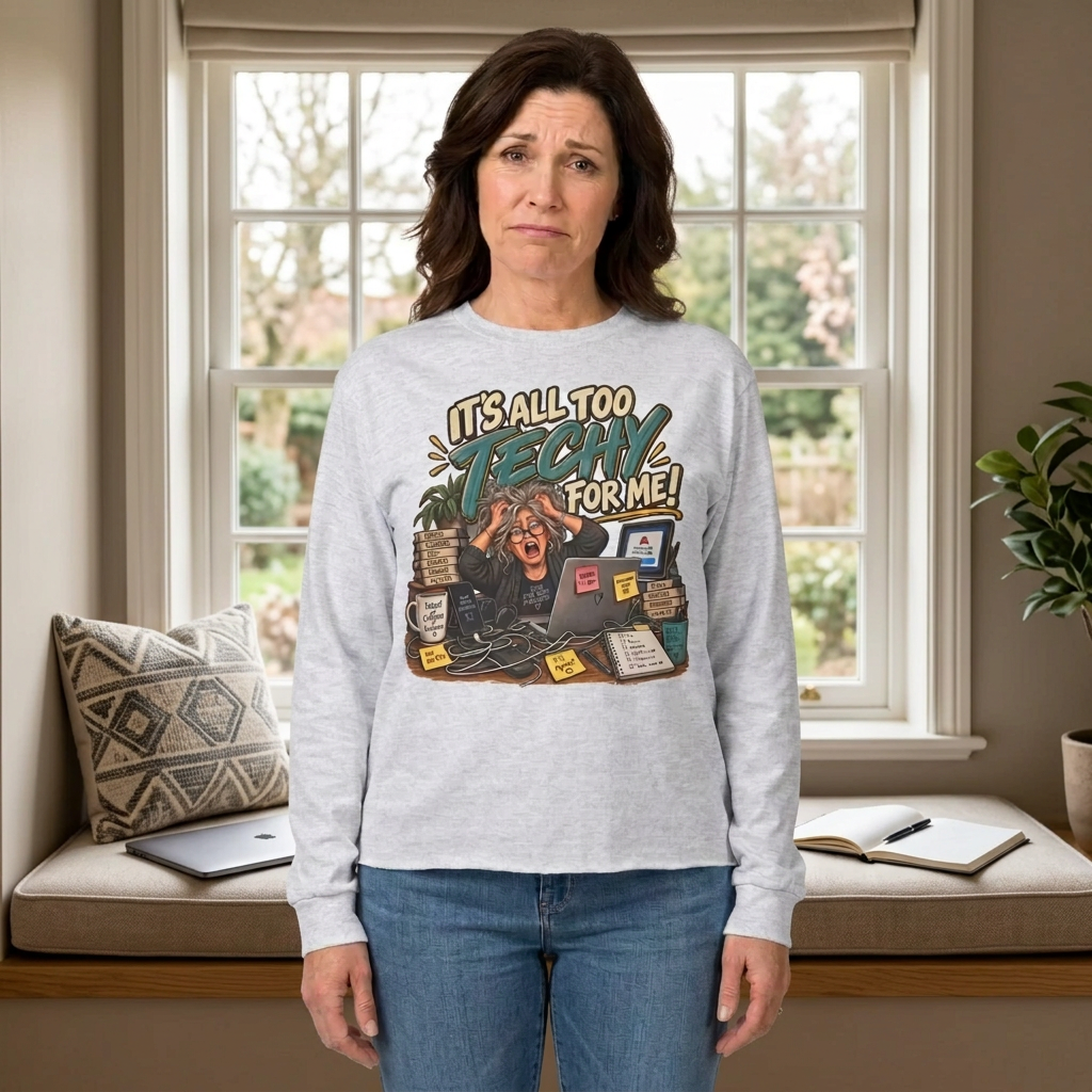 Long sleeve cotton white tee with funny techy graphic