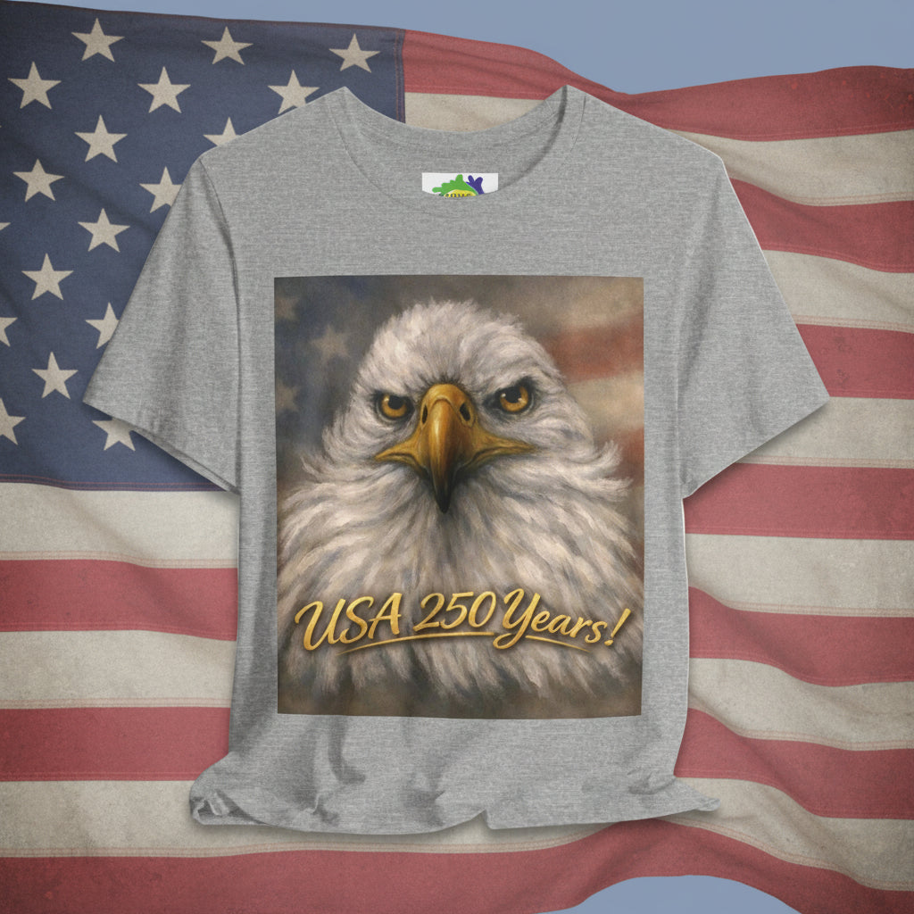 Atthletic Gray t-shirt with an eagle graphic and 'USA 250 Years!' text on an American flag background
