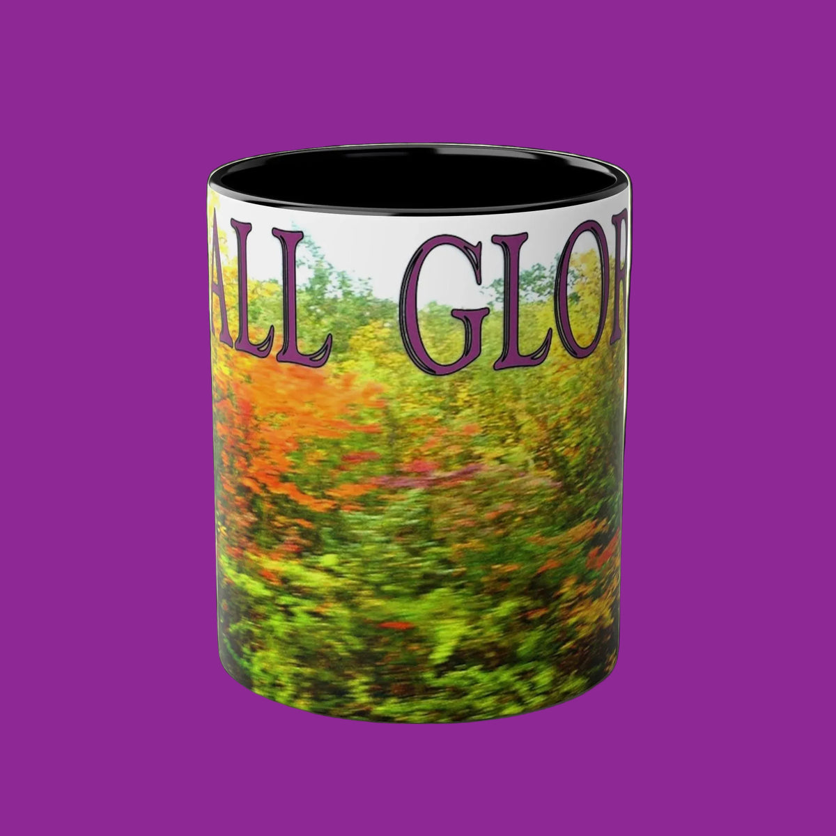 Mug with 'Fall Glory' text on Fall colorful landscape design with Black Accents