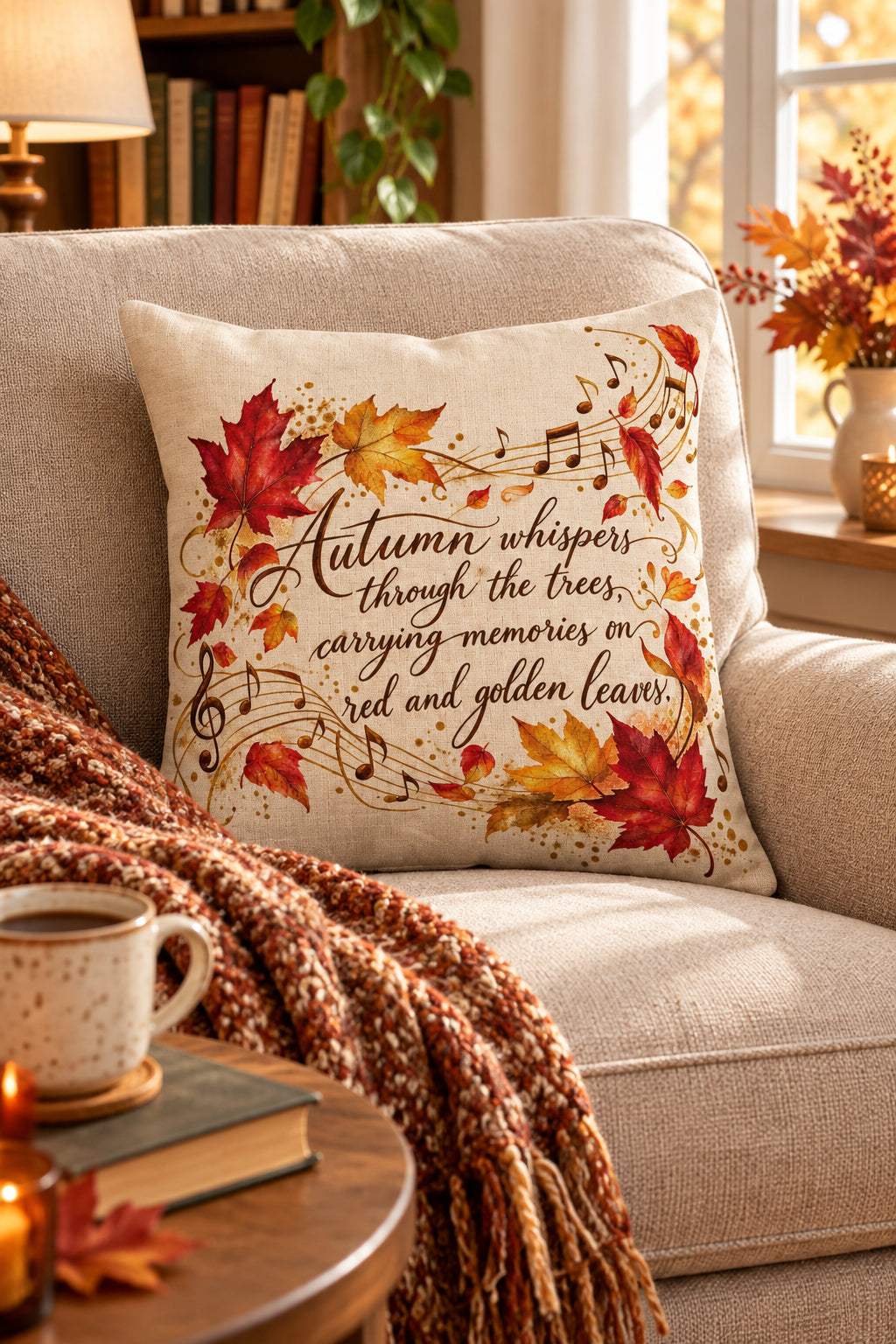 Colorful fall decor throw pillow with notes and lyrics and hidden zipper