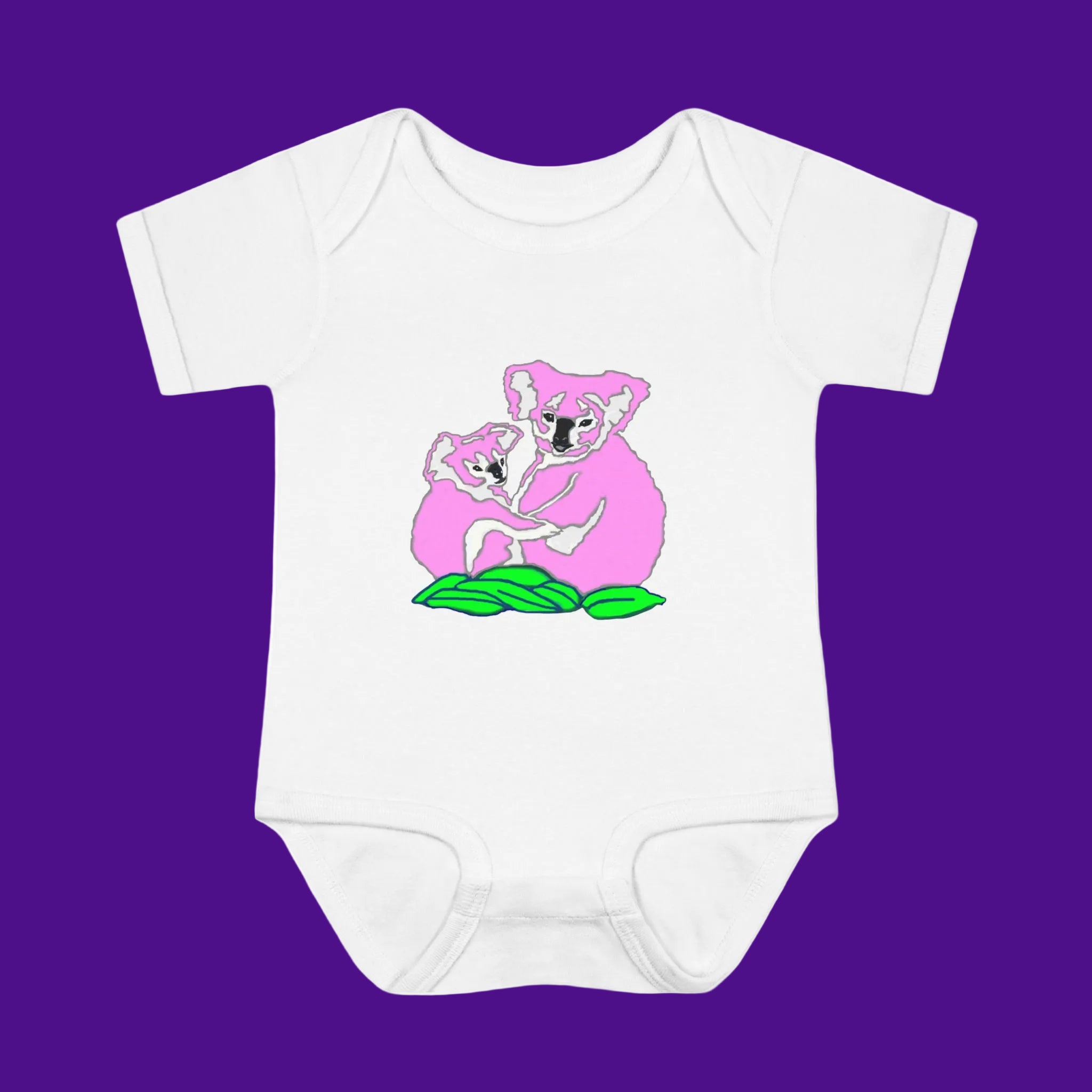 White baby onesie with adorable pink koala design - 3 colors