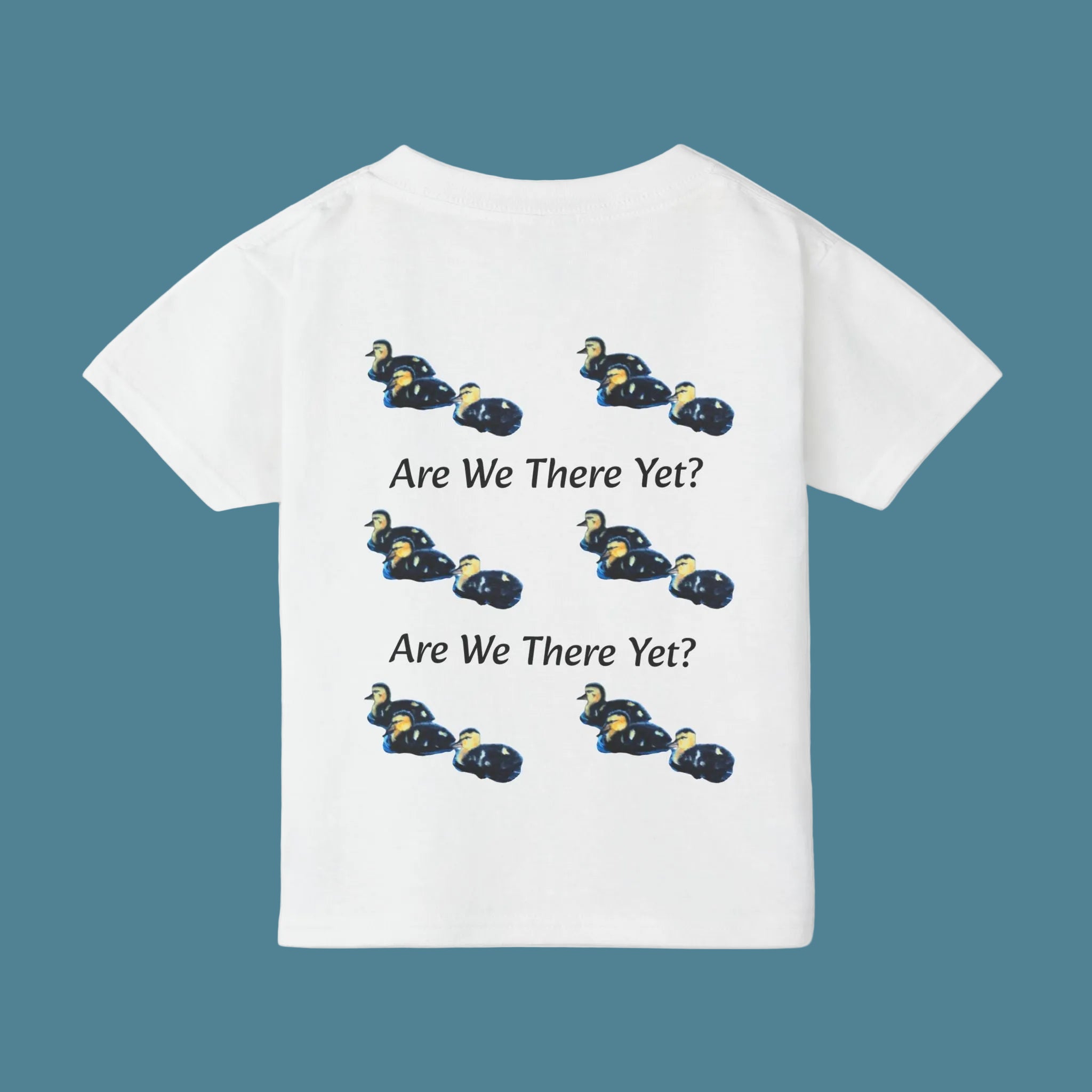 White t-shirt with 'Are We There Yet?' text on the back of Child's Tee - 4 colors available