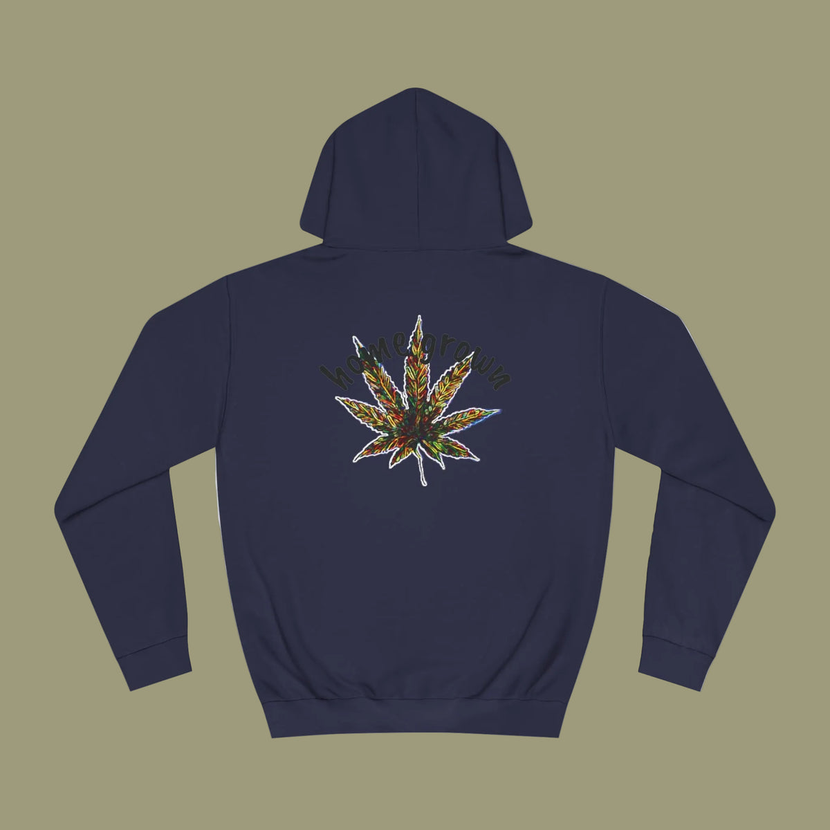 A navy blue pullover hoodie shown from the back, featuring a large graphic of a cannabis leaf and the text home grown arched above it.