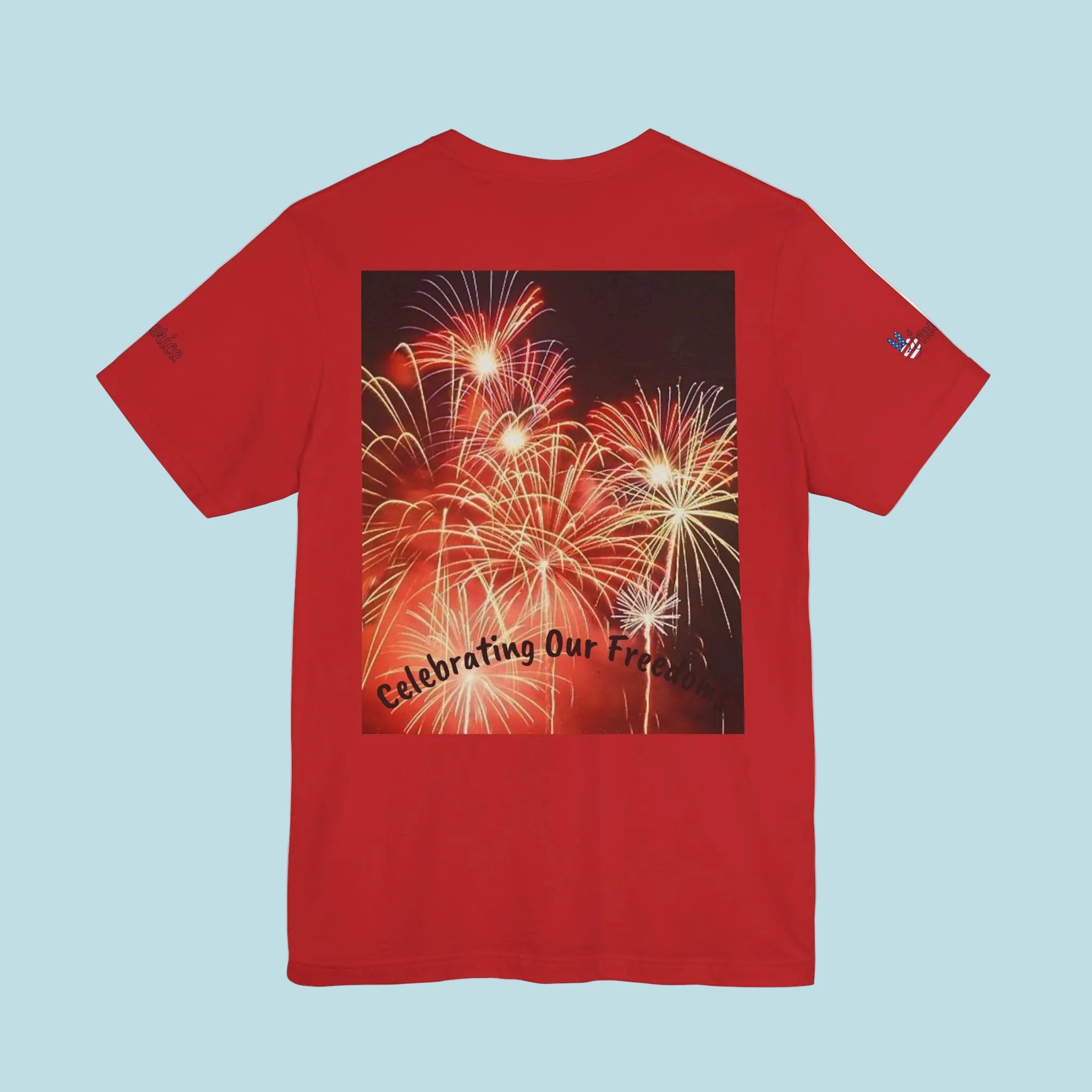 Red t-shirt with fireworks design and 'Celebrating Our Freedom' text - 100% Cotton - 5 colors