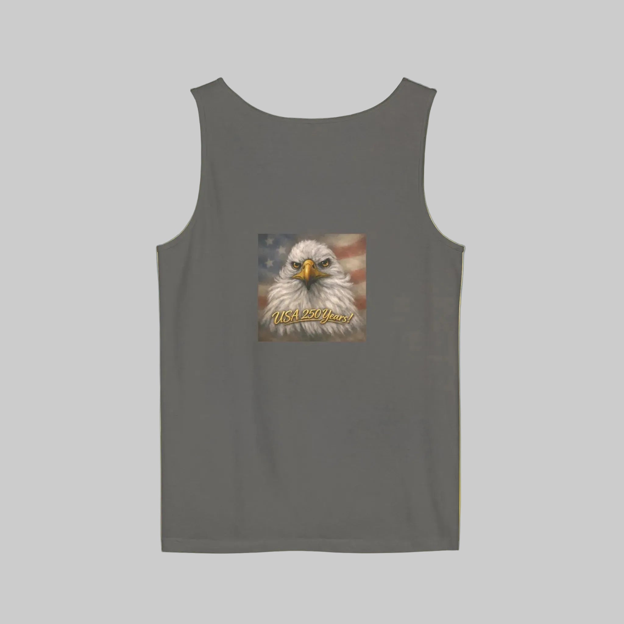 Pepper color BACK of tank top with an eagle graphic and 'USA 2023' 