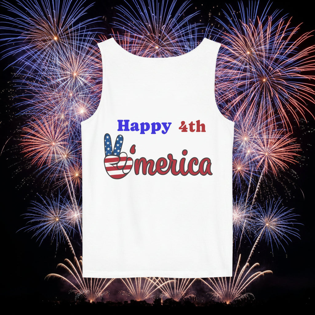 Back of White tank top with 'Happy 4th of Merica' text and peace sign design SM-3XL