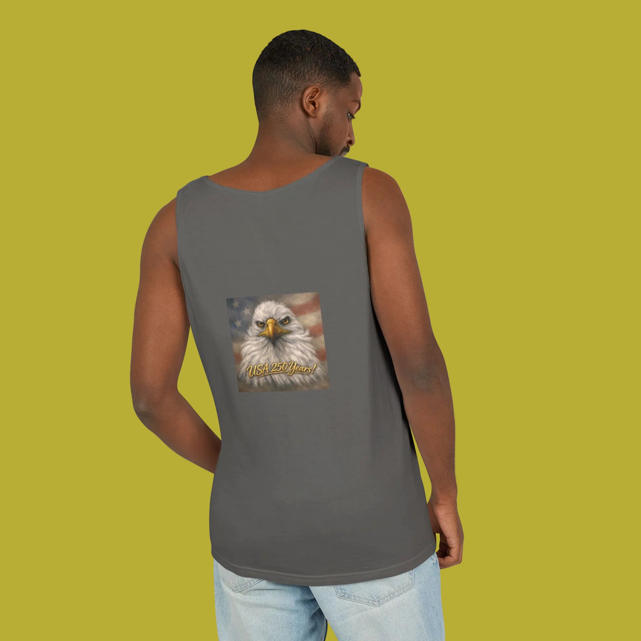 Man wearing a pepper gray tank top with an eagle design on the back