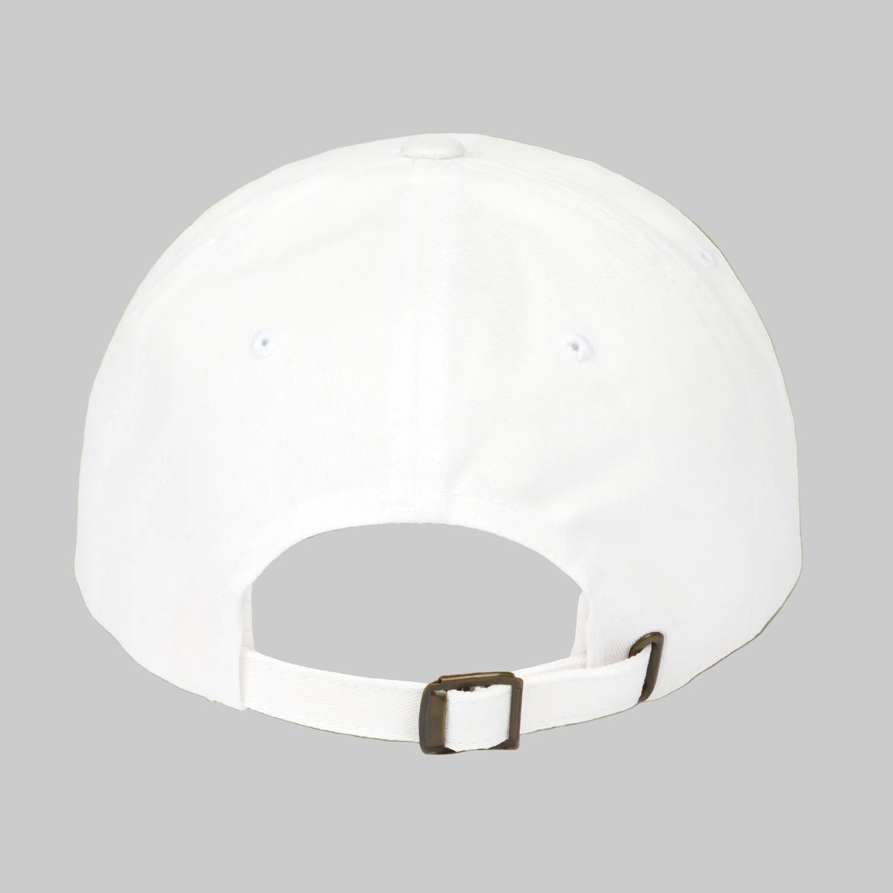 Back of White dad's cap with a brown buckle for adjustments