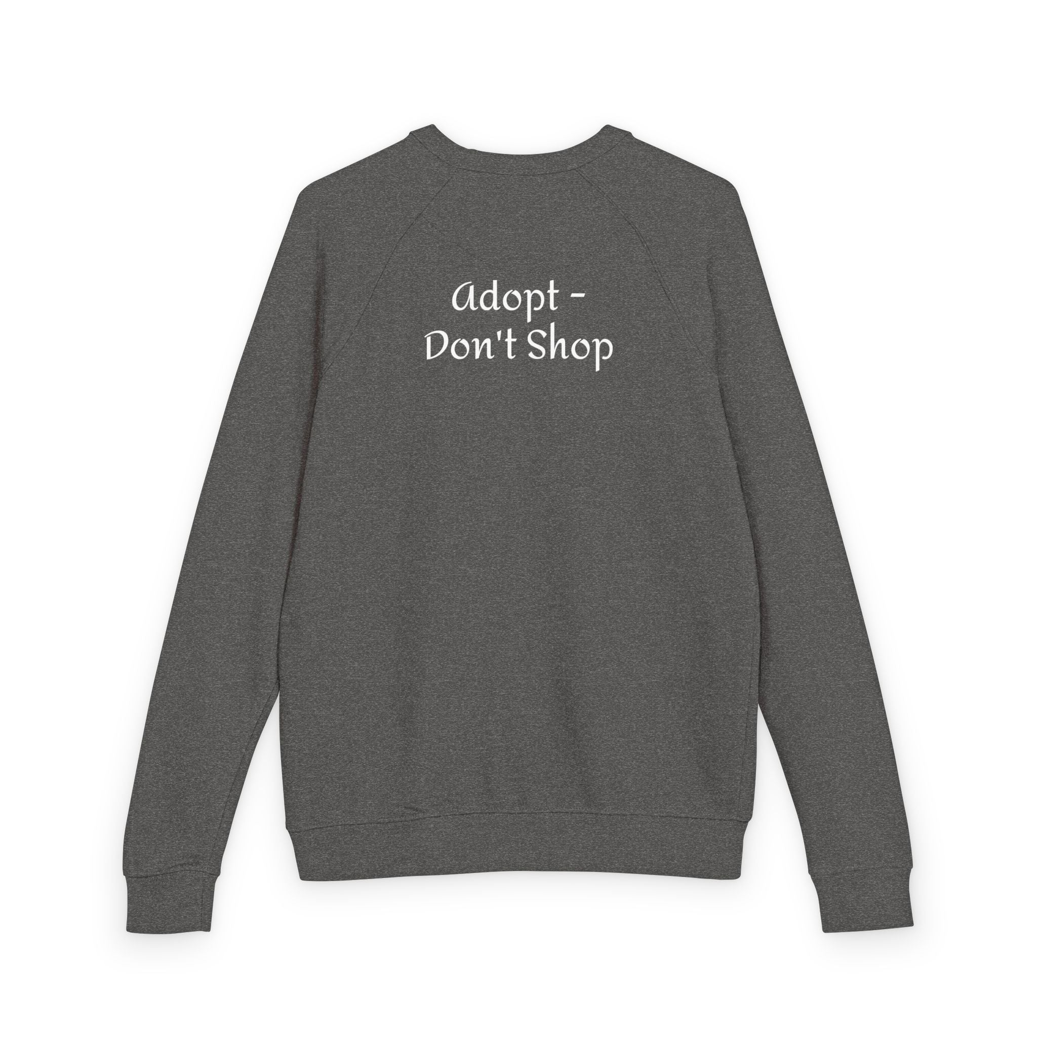 Gray shirt with 'Adopt - Don't Shop' text on the back against a white background