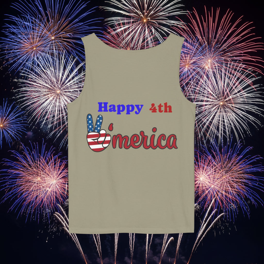 4 colors available for tank top with 'Happy 4th of Merica' Back  text and peace sign design