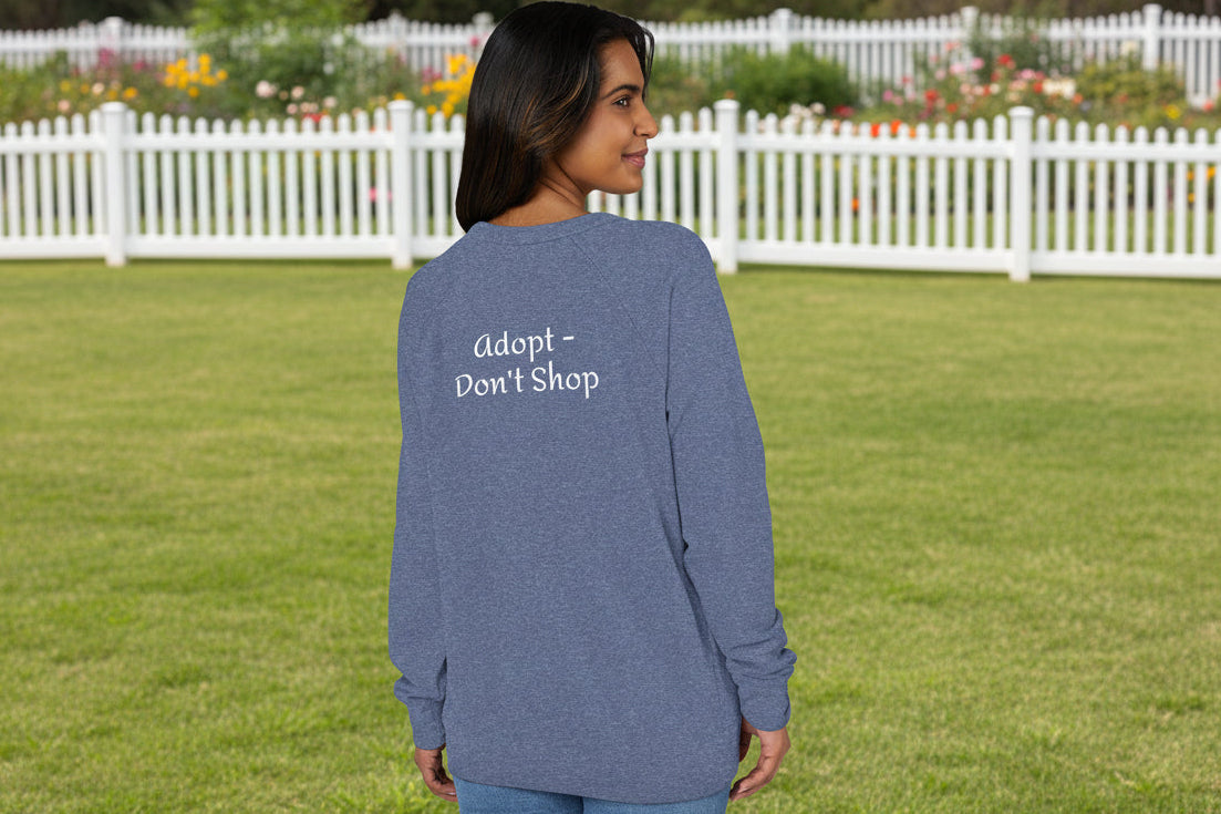 Back view of Unisex heather denim raglan shirt with 'adopt Don't Shop' text on the back. 6 colors available