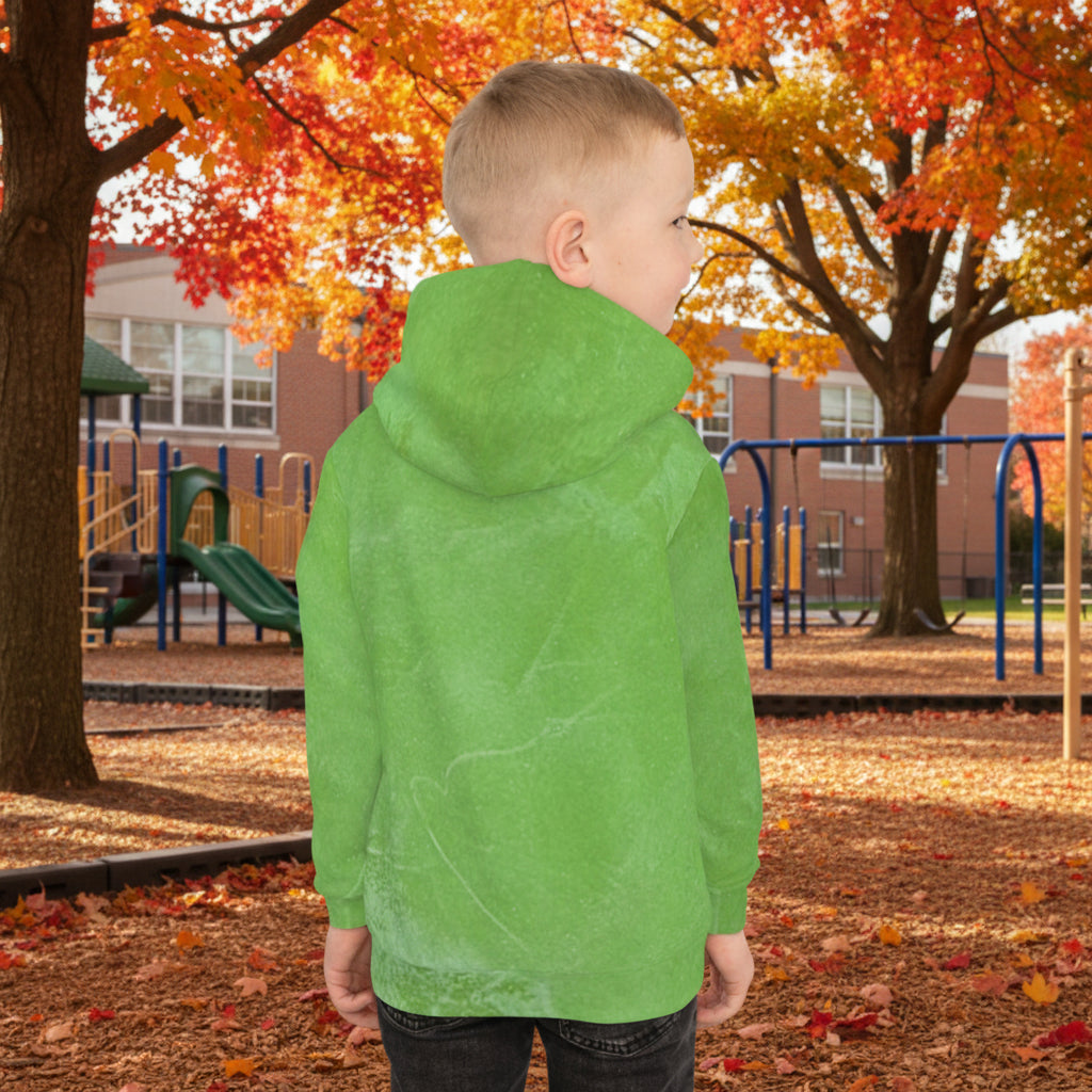 Boys and girls bright green abstract design hooded sweatshirt, shown from the back XS-XL