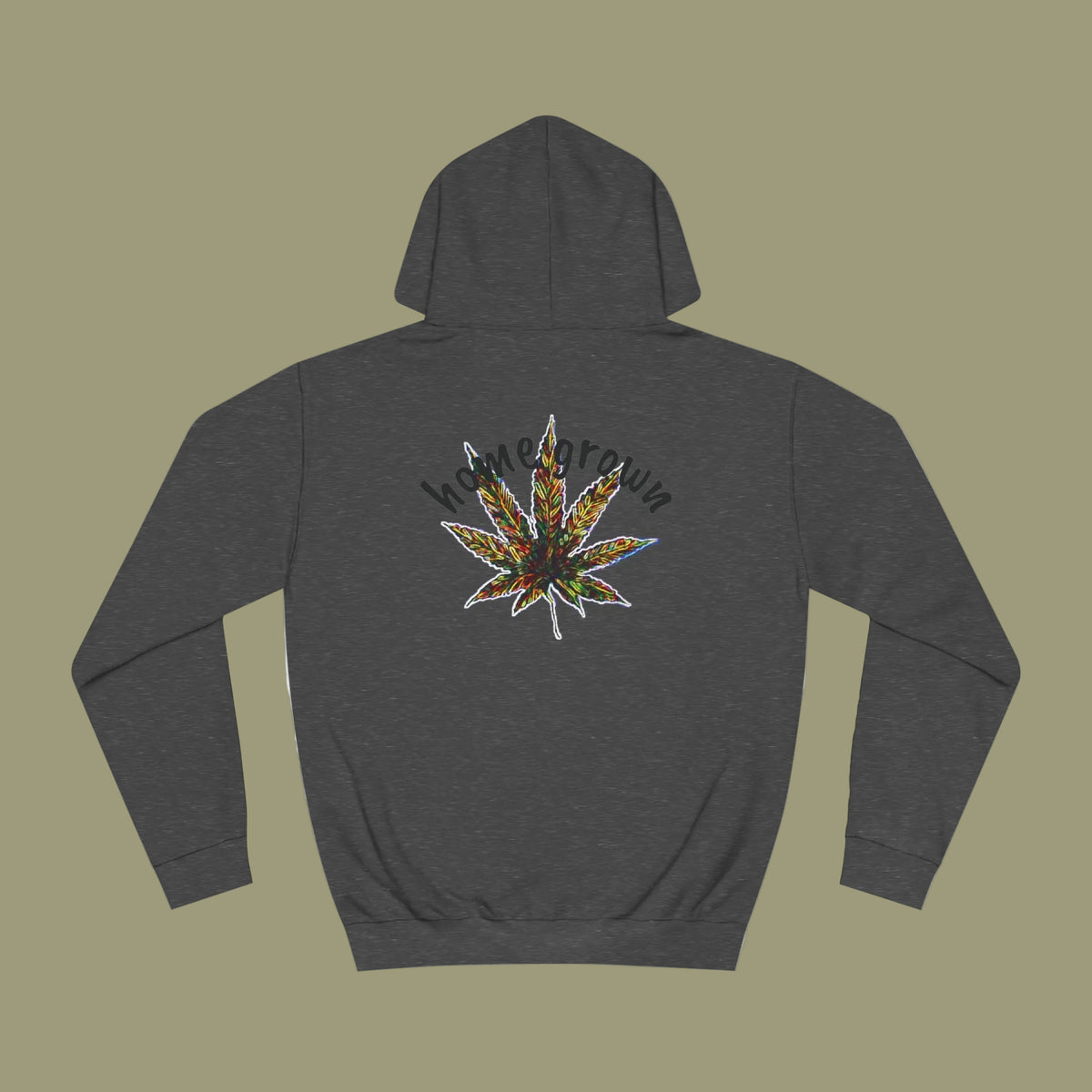 Unisex adult charcoal gray hoodie with graphic of a marijuana leaf and home grown text