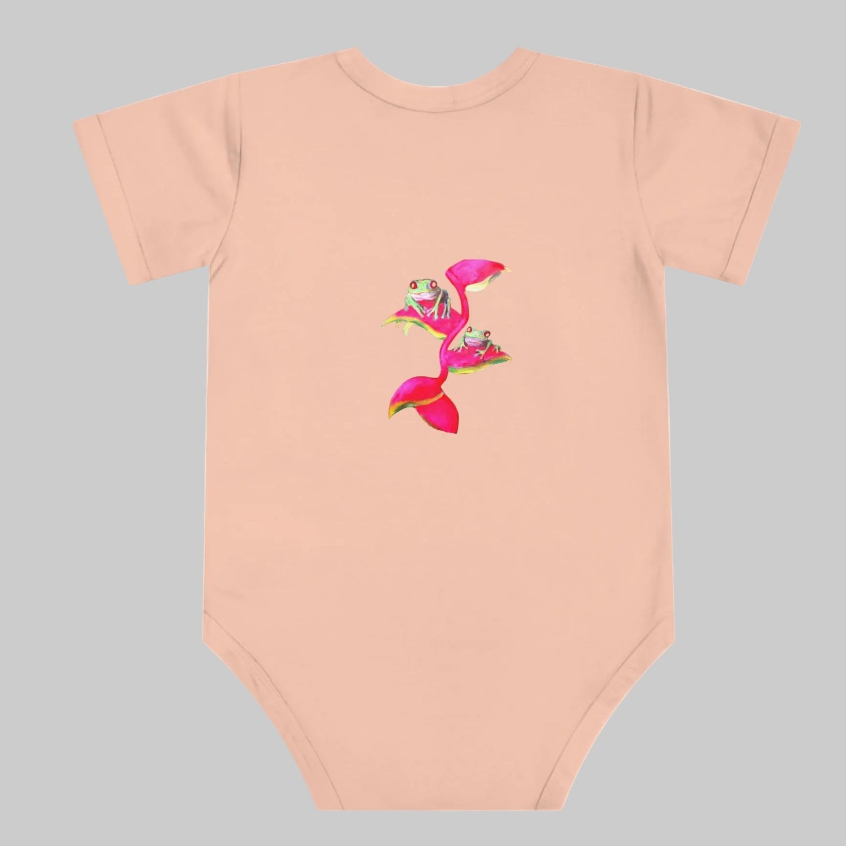 Pink baby bodysuit BACK view with froggy graphics