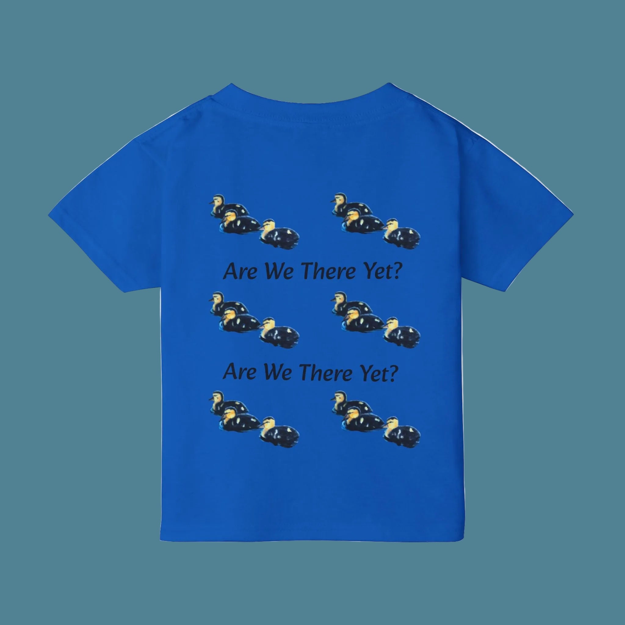 Royal Blue kid's t-shirt with fun graphics and 'Are We There Yet?' text 