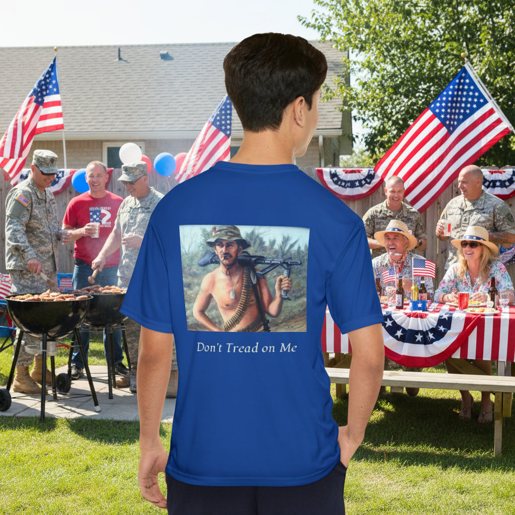 Person wearing a royal blue t-shirt with a graphic of a veteran with text, 'Don't Tread on Me' to honor servicemen/women. S-3XL - 4 colors