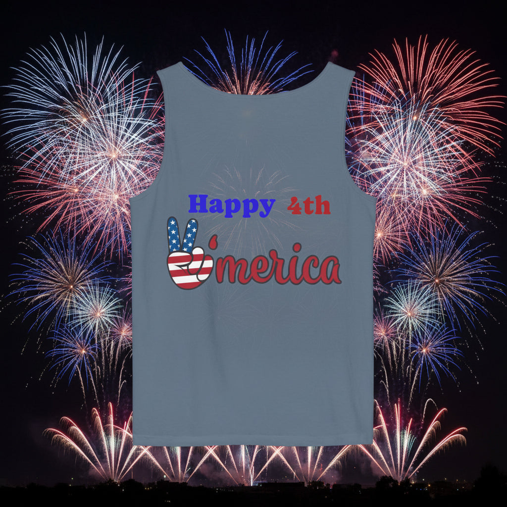 Blue tank top with 'Happy 4th of Merica' text and peace sign design - XS-3XL