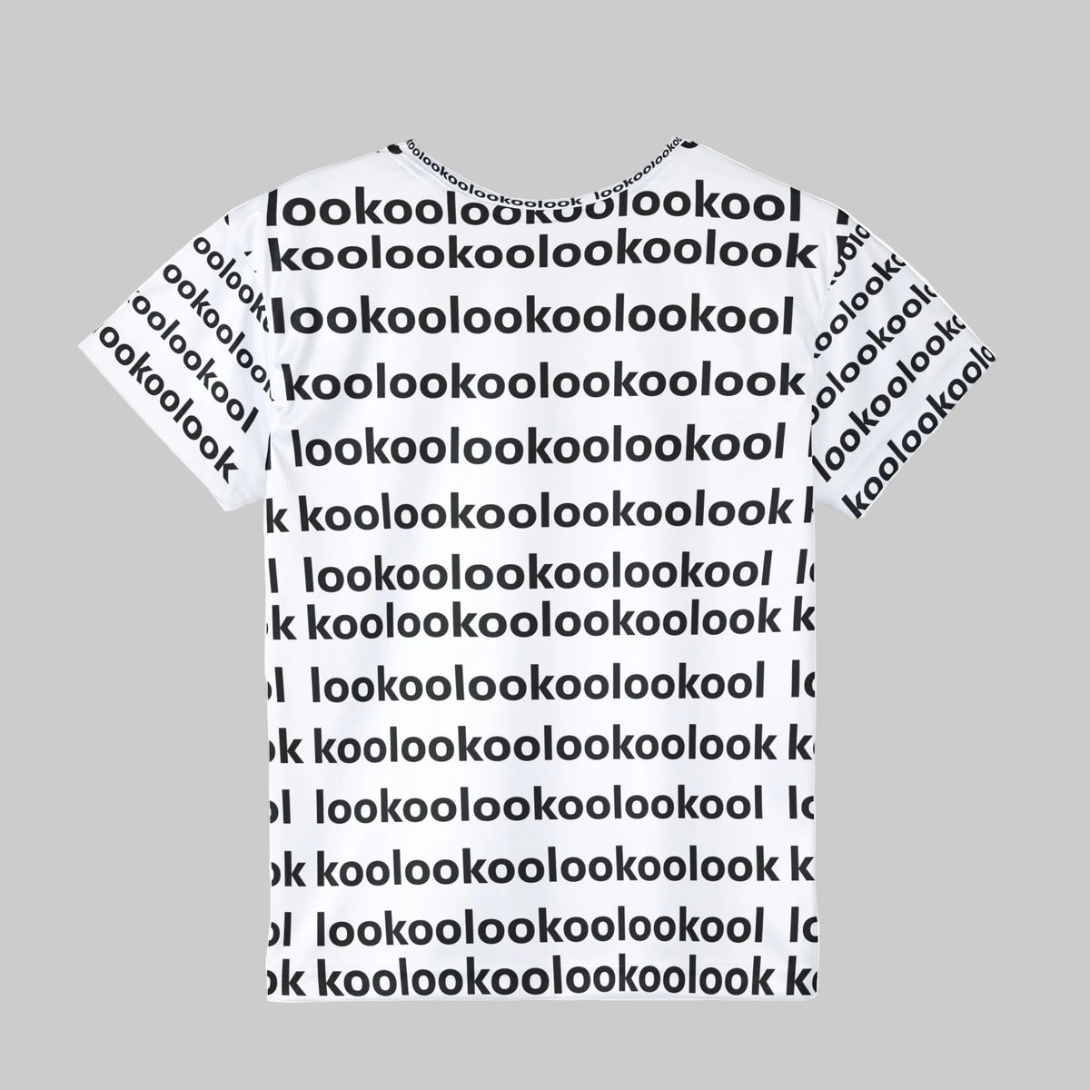 A white short-sleeve t-shirt with an all-over black repeating text pattern reading 'lookool', 'koolook'