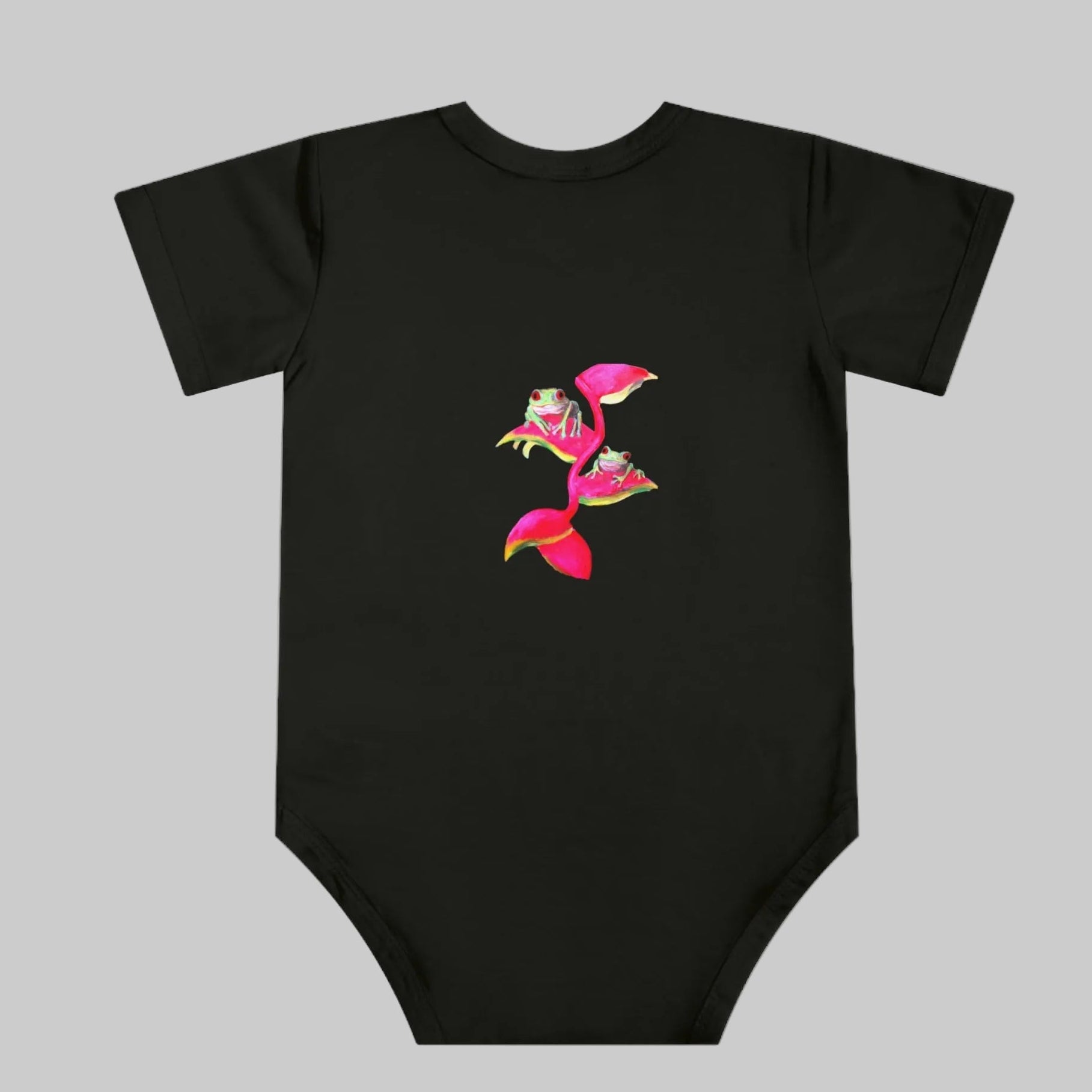 back of black baby bodysuit with cute froggy graphics and convenient snaps 