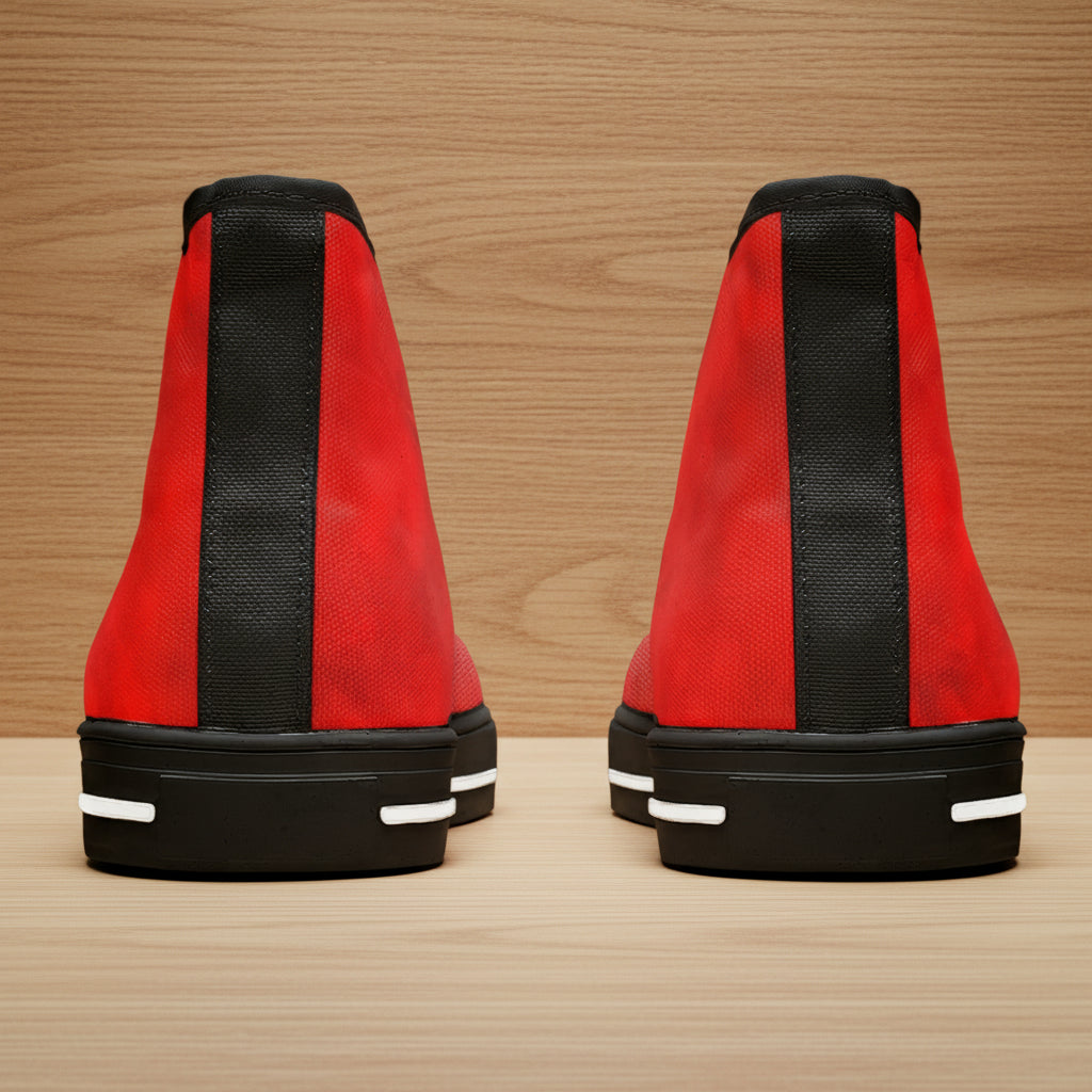 eye catchingback of women's high top sneakers in polyester canvas in vivid red and black 