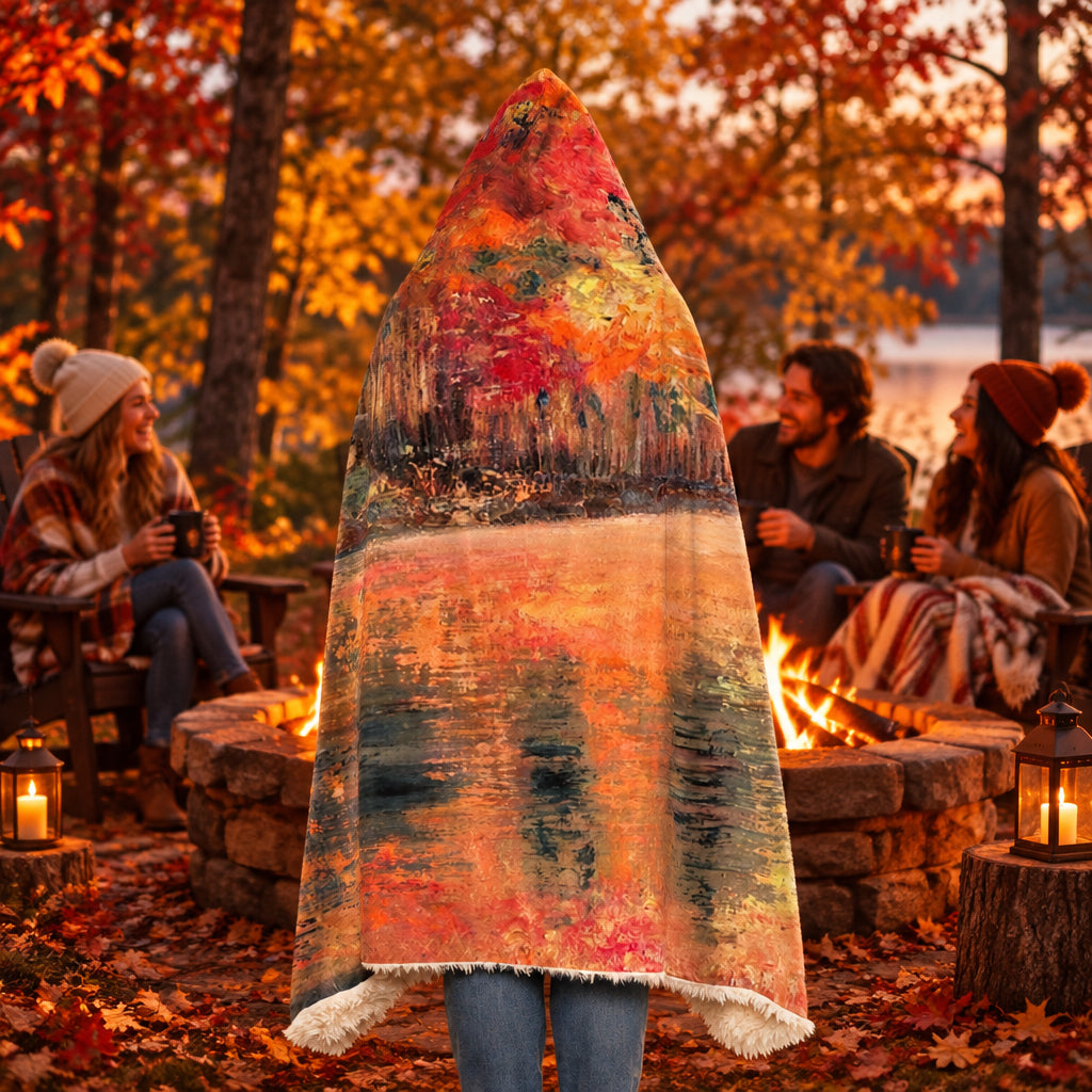 A hooded blanket with artistic printed autumn colorful landscape design with polyester sherpa lining