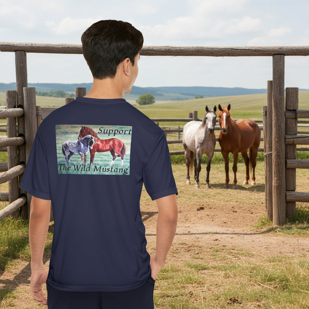  Man's back view of Athletic T shirt in navy blue short-sleeve with a graphic print on the back featuring two wild mustangs and the text 'Support The Wild Mustang'.