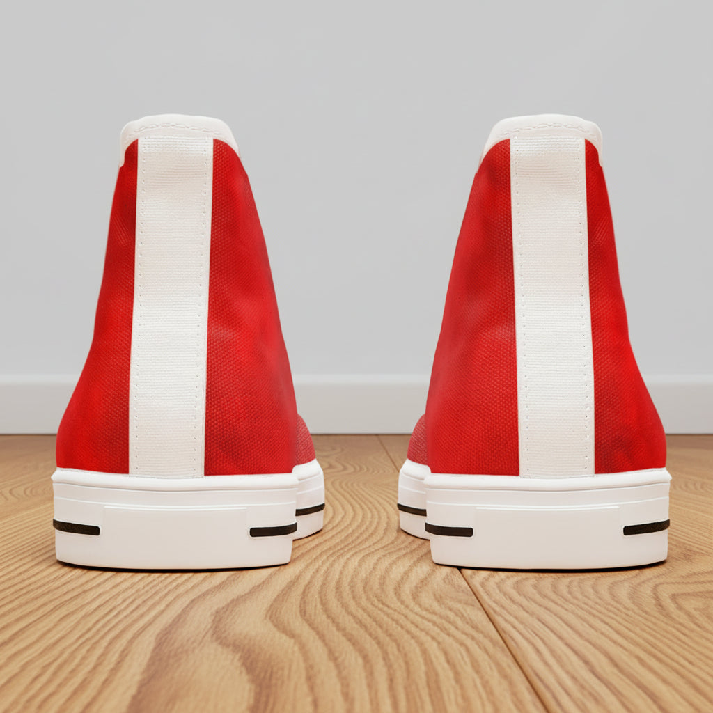 High-top polyester canvas sneakers shown from the back, featuring a vibrant red canvas upper with a vertical white stripe and a thick white EVO sole with small black accents.
