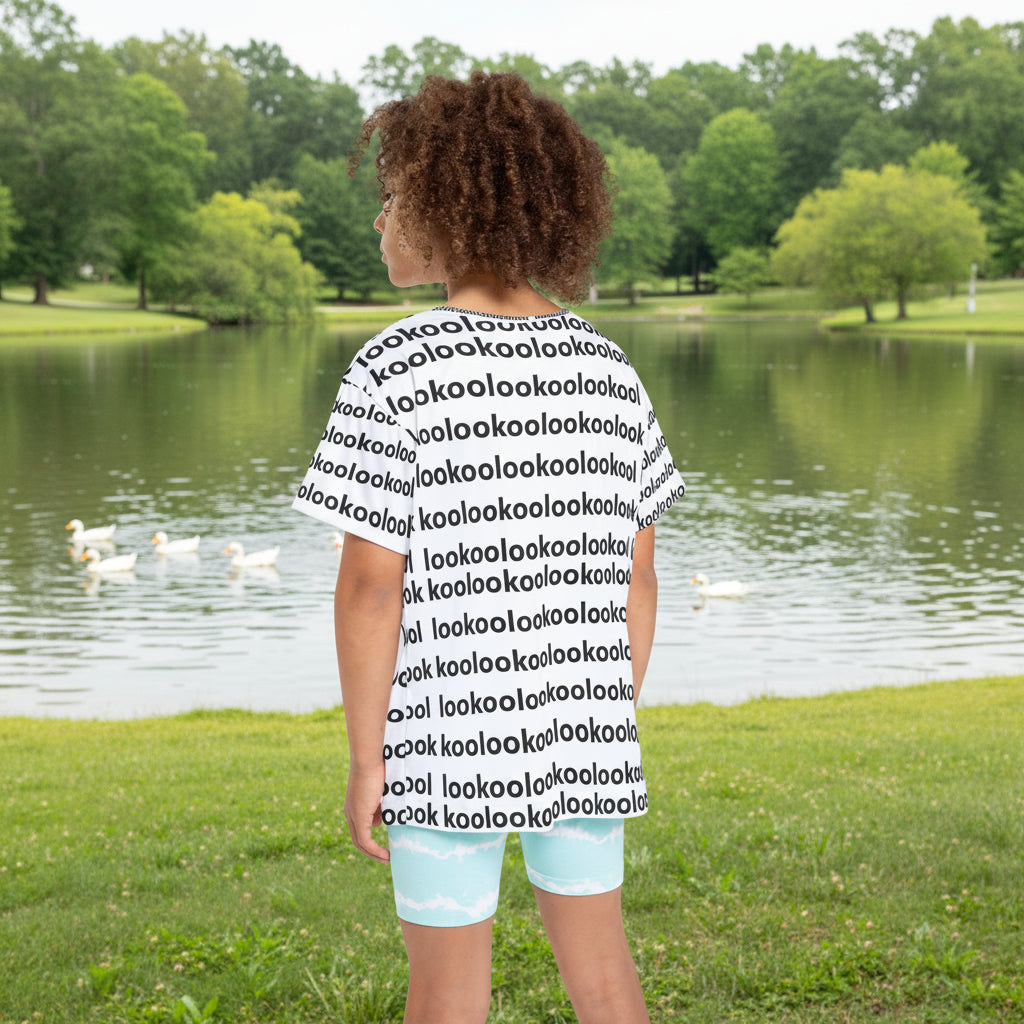 Back view of over all repeating pattern on youth t shirt for girl or boy.