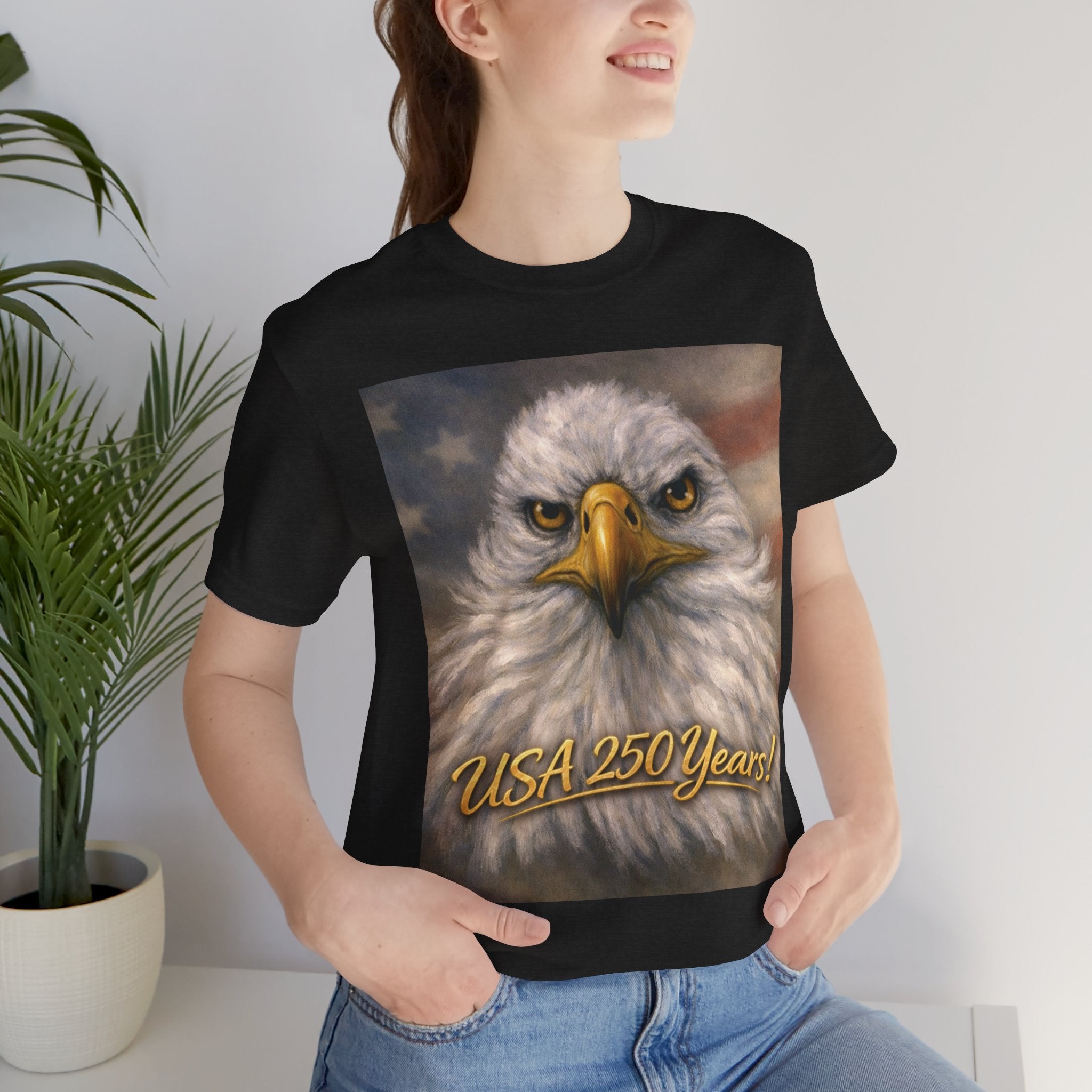 Unisex black t-shirt with an eagle graphic and 'USA 250 Years!' text.