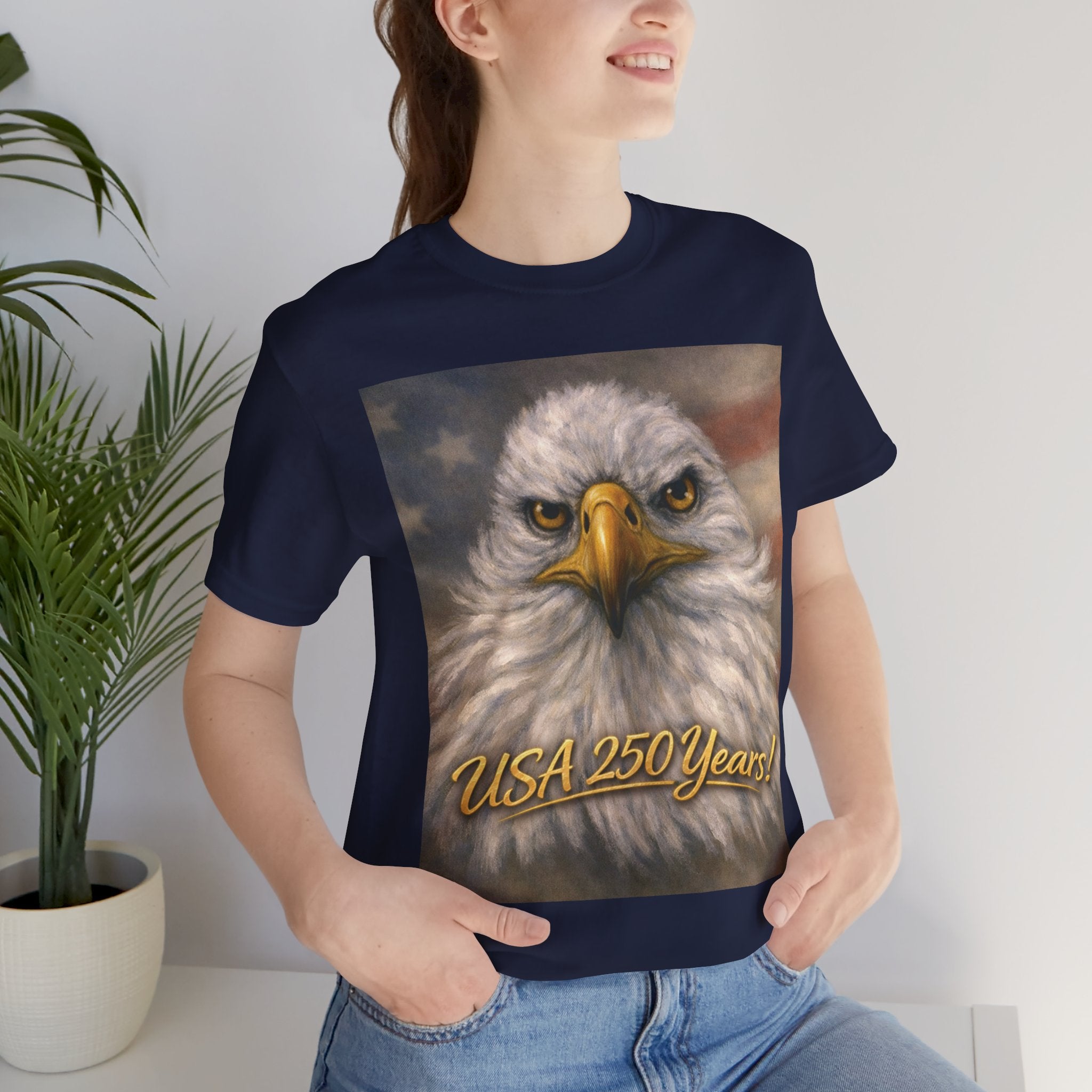 Navy unisex t-shirt with an eagle graphic and 'USA 250 Years!' text.