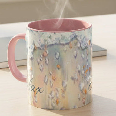11oz. Mug with colorful ocean surf design and text with pink  accents