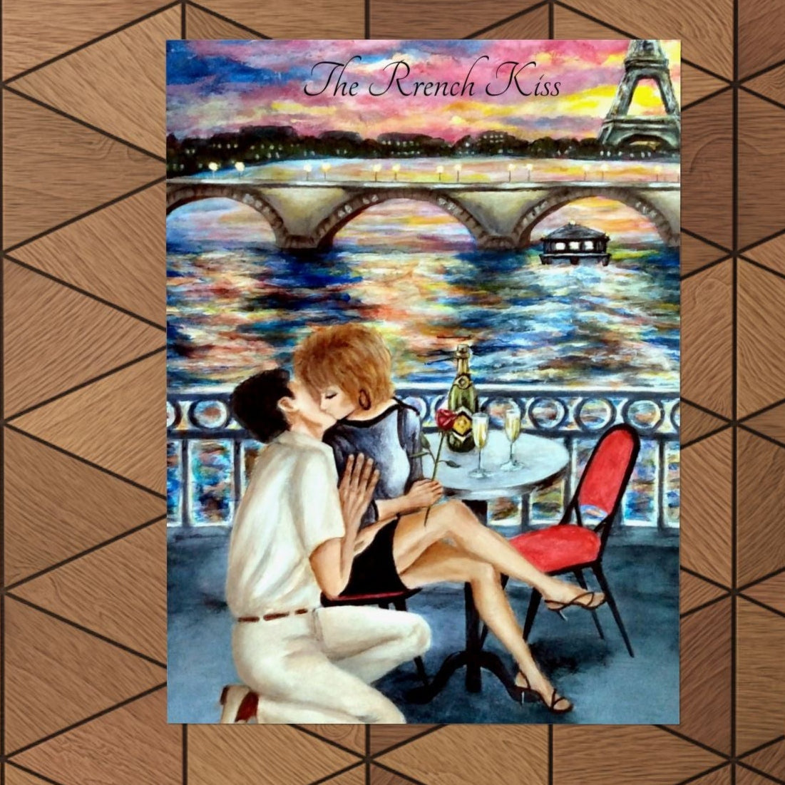 A rectangular wall art print featuring an illustrated Parisian scene with a romantic couple at a table by a river. Available in many sizes