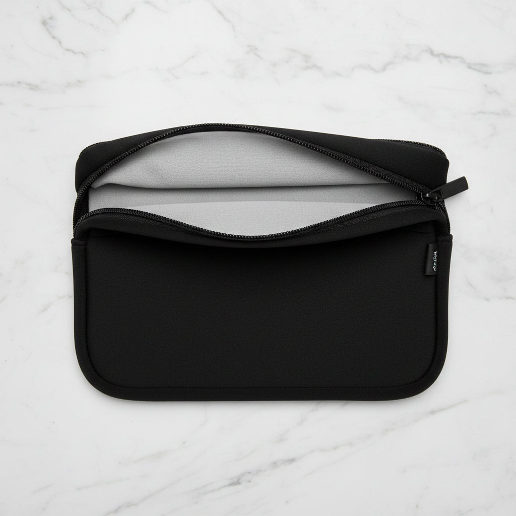 Black back of dual zippered and padded laptop sleeve 