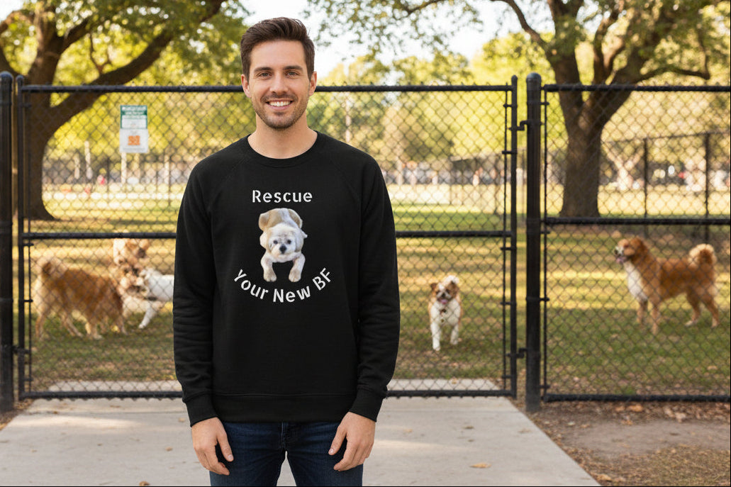 Unisex Black Heather raglan shirt with relaxed fit and dog graphic and text to Rescue Your New BF