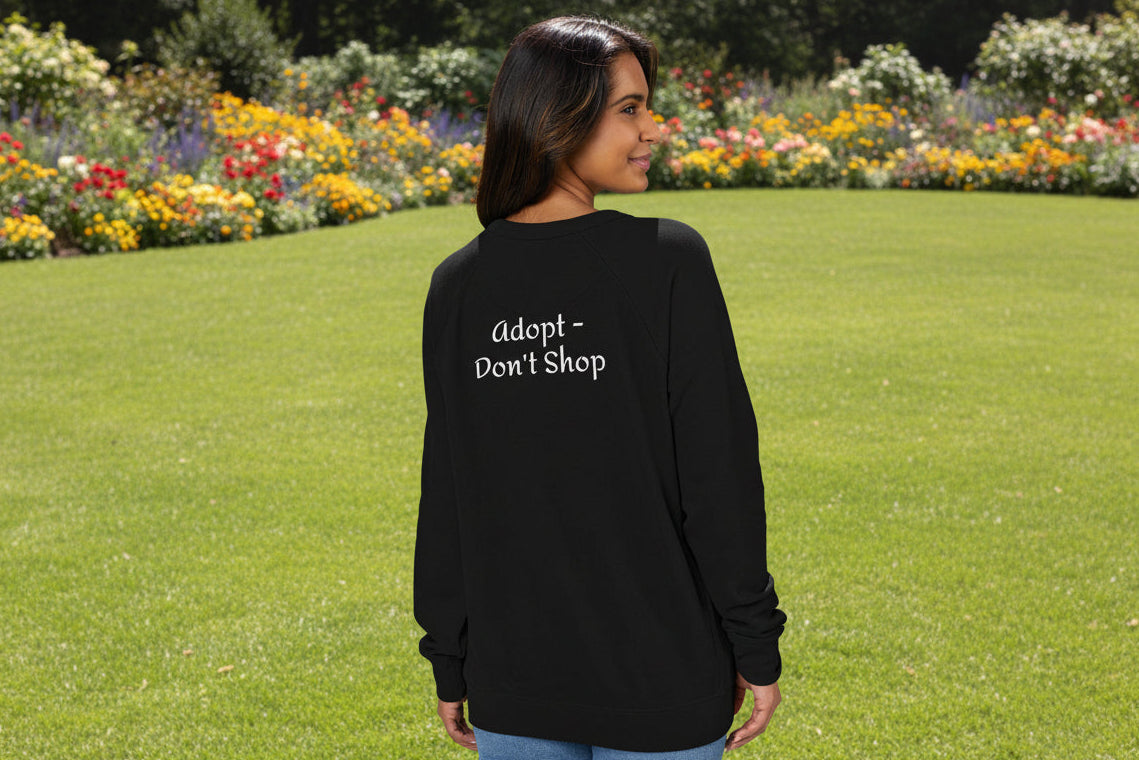 unisex black heather raglan shirt  with 'Adopt Don't Shop' text on the back to support dog rescue