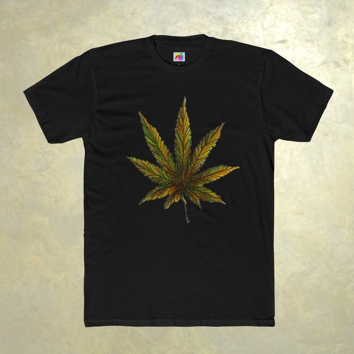Black t-shirt with a cannabis leaf design 