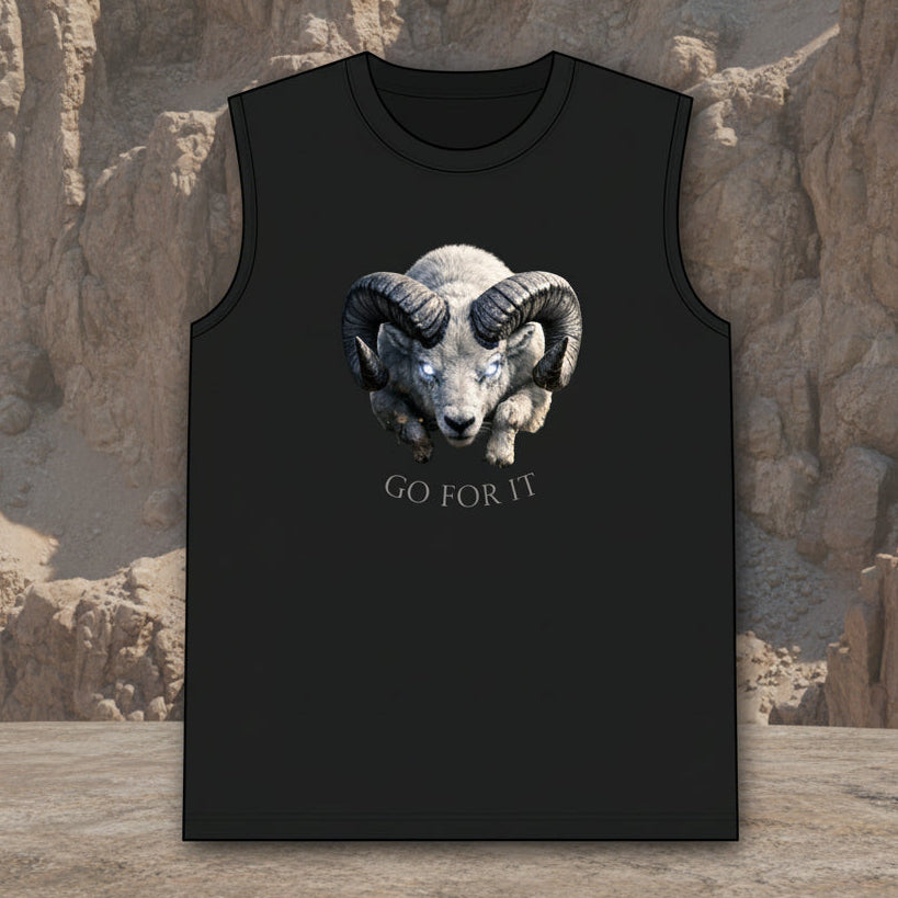 A black sleeveless muscle tank top featuring a graphic of a ram with large curved horns and the text 'GO FOR IT' printed below it