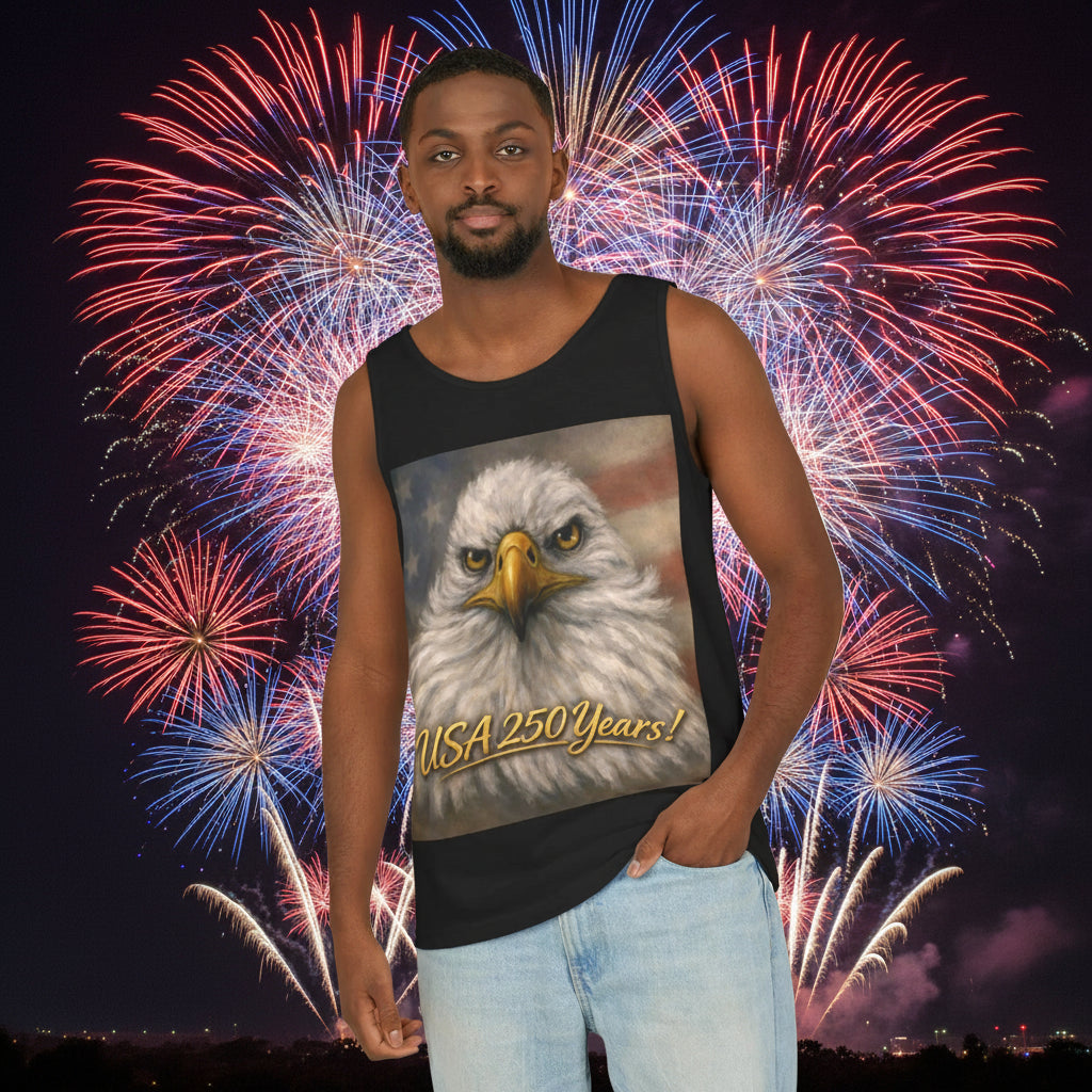 Wear black tank top with our bald eagle design - choose from 5 colors and 'USA 250 Years!' 