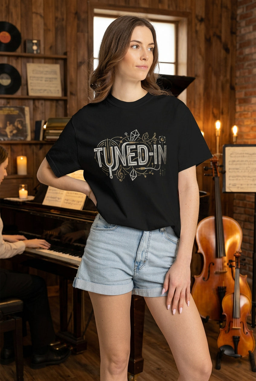 Black Tee for men and women with TUNED-IN graphic for musicians