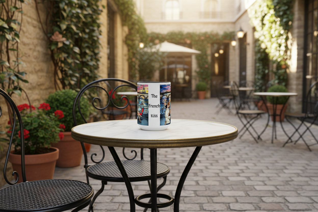 Mug with 'The French Kiss' design featuring a couple by the Eiffel Tower.