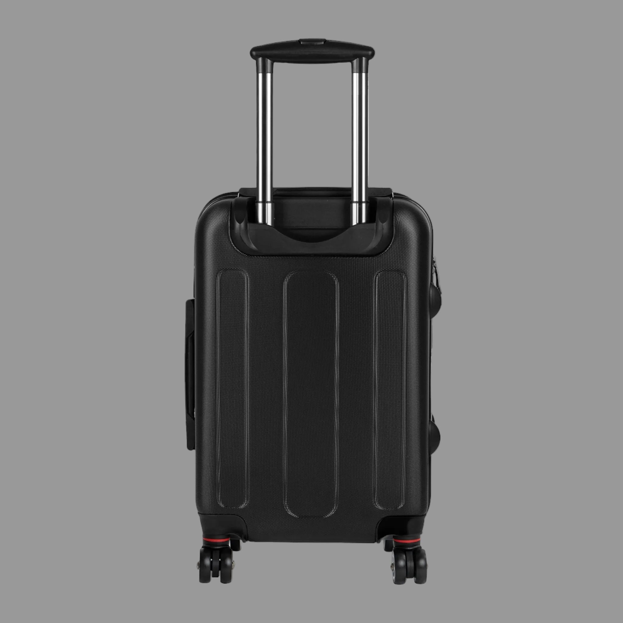 Black back of suitcase with swivel wheels made of 100% polycarbonate front and back 