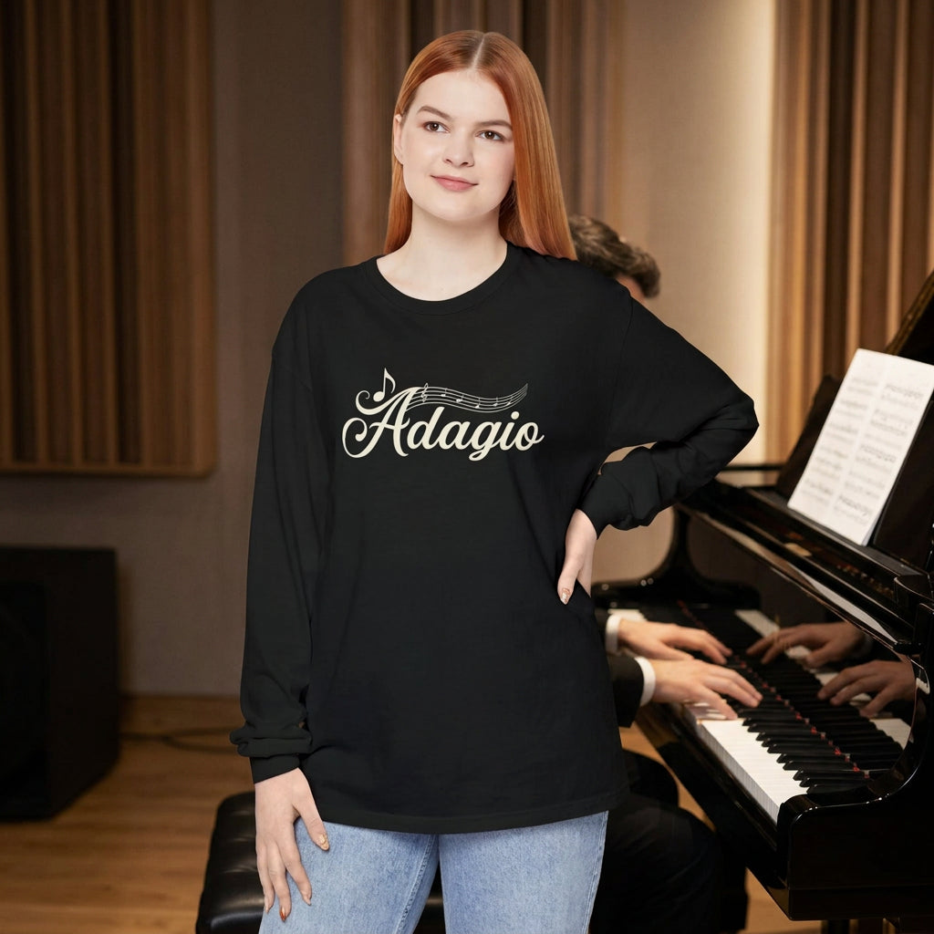 unisex long sleeve tee and crew neck in black with Adagio script on chest
