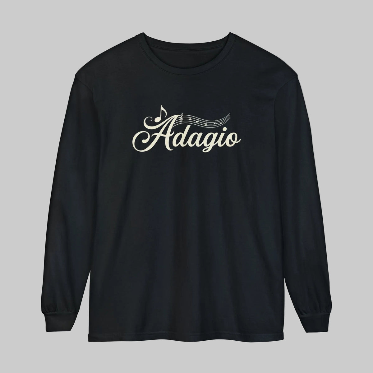 long sleeve, crew neck unisex T-shirt with graphic text: Adagio