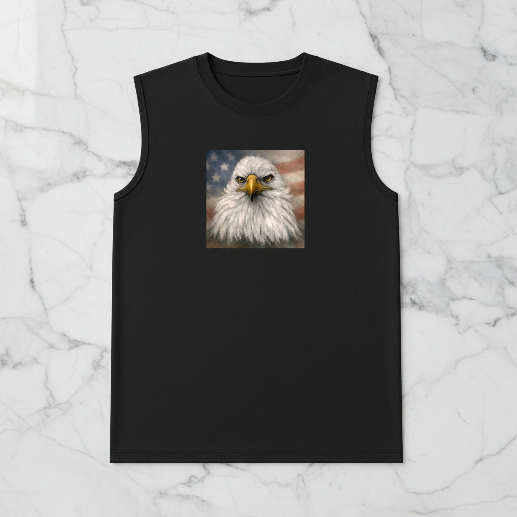 A black sleeveless tank top featuring a square graphic print of a bald eagle's head against an American flag background.