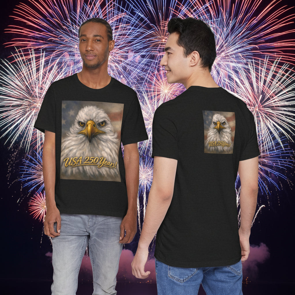 Unisex black t-shirts with an eagle design and 'USA 250 Years' text.