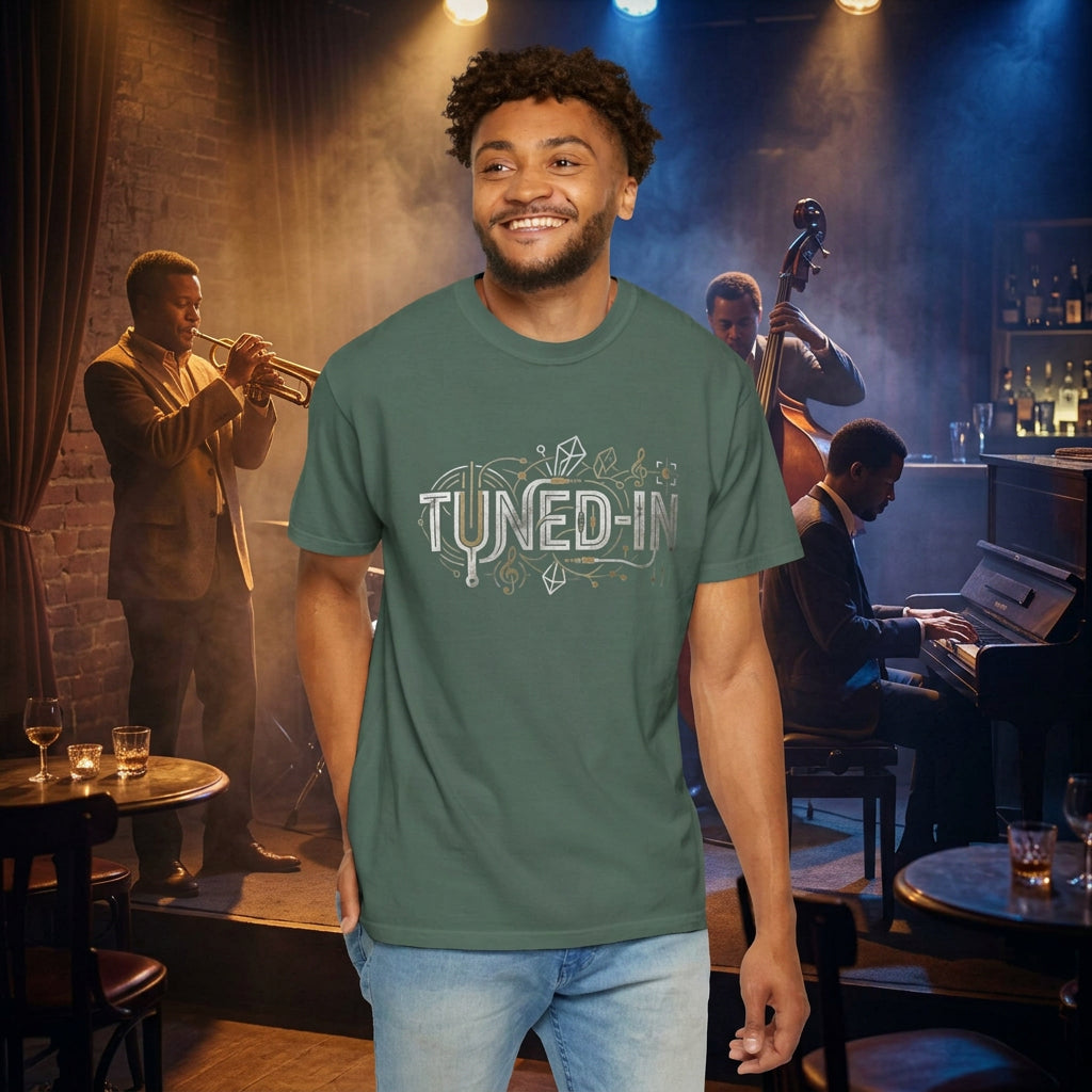 Heavy weight Tshirt in Bruce Spruce color and relaxed fit with graphic, TUNED-IN