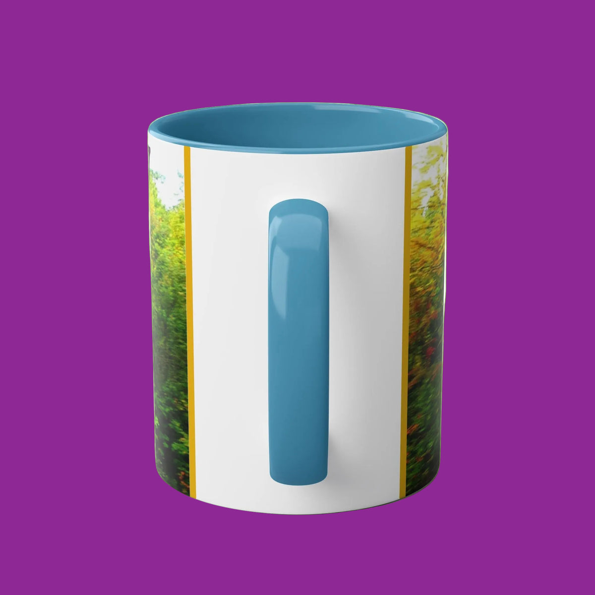 Mug with blue interior and handle, featuring 'C' Handle for comfort