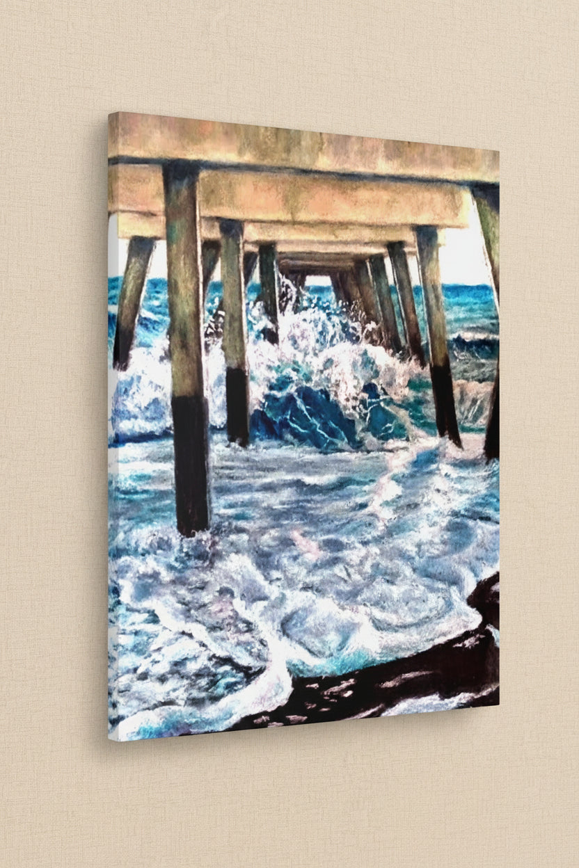  Canvas print of waves crashing under a pier shows image wrap around canvas