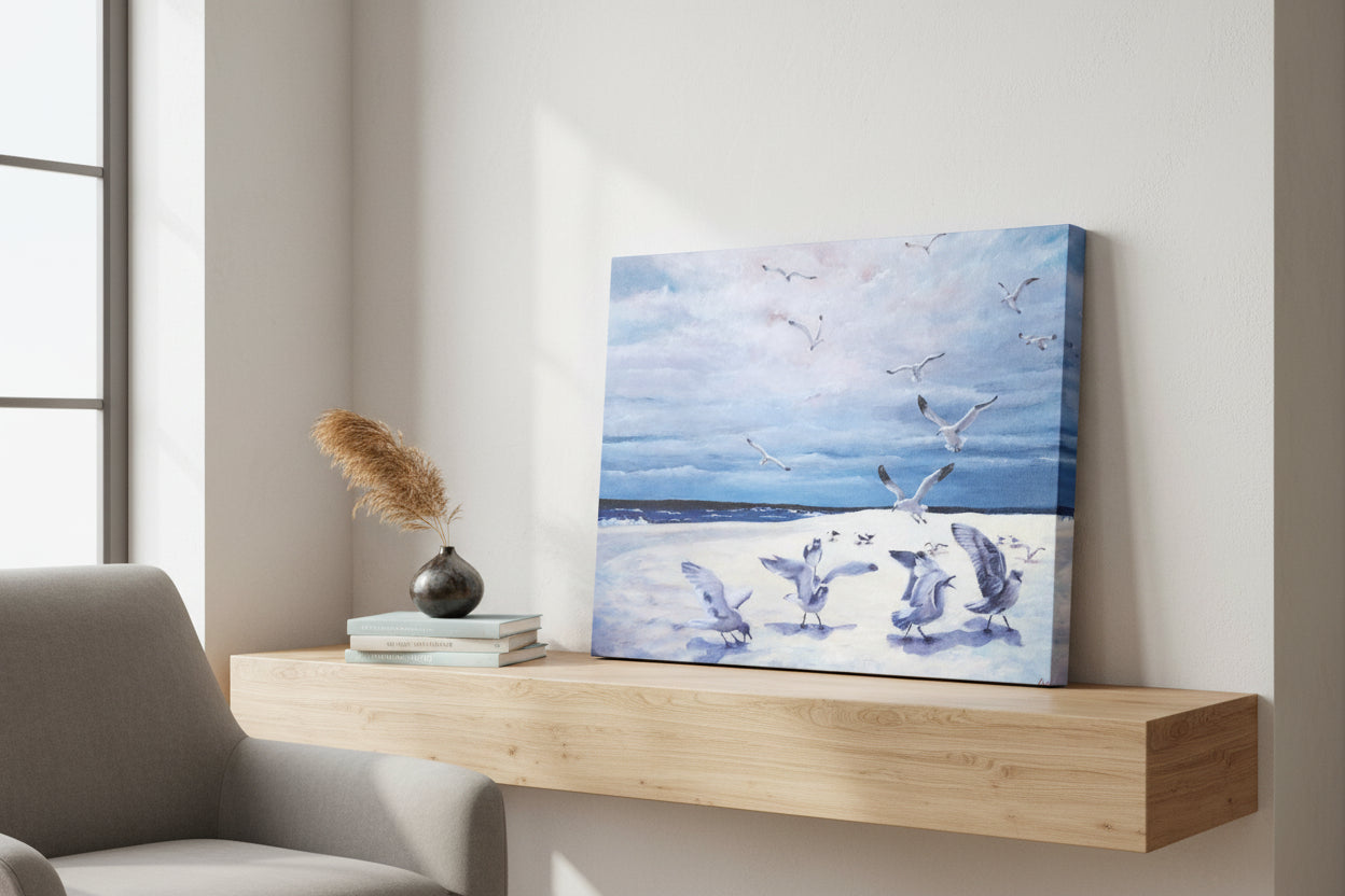Canvas print of seagulls over a beach with a blue sky.  24" x 18" and 30" x 24"